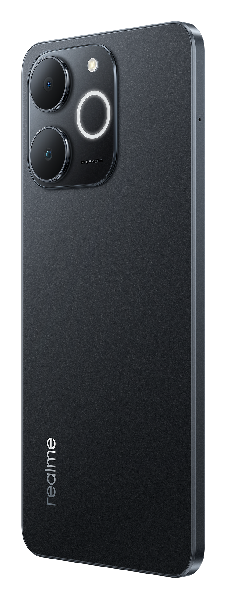 Czarny smartfon Realme. Posiada moduł aparatu z trzema obiektywami i lampą błyskową. Tył telefonu ma teksturowane wykończenie i logo Realme.