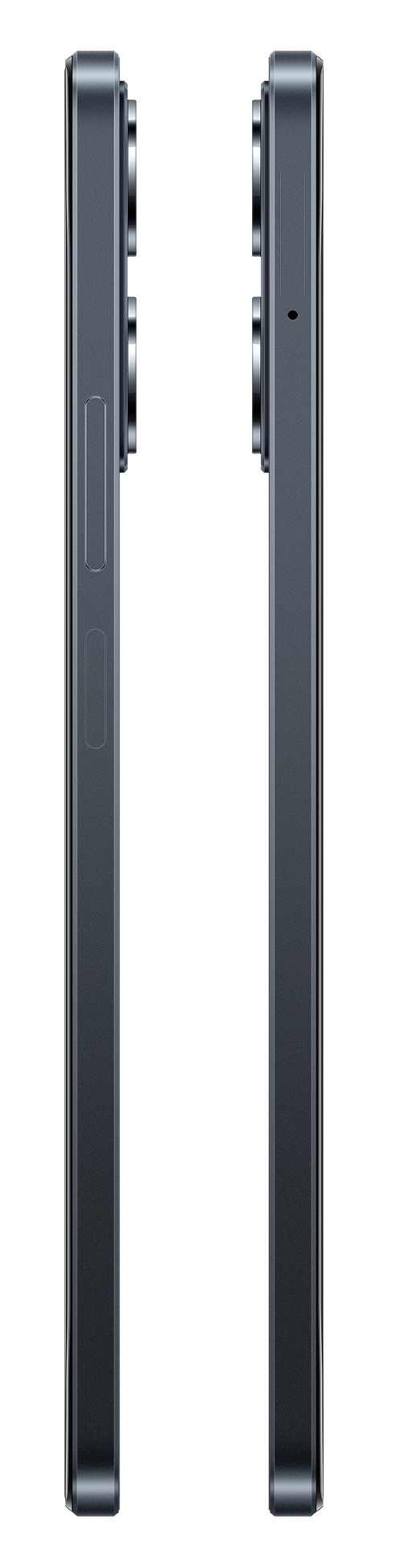 Dwie strony telefonu z aparatem i przyciskami. Ciemnoszary kolor. Białe tło.