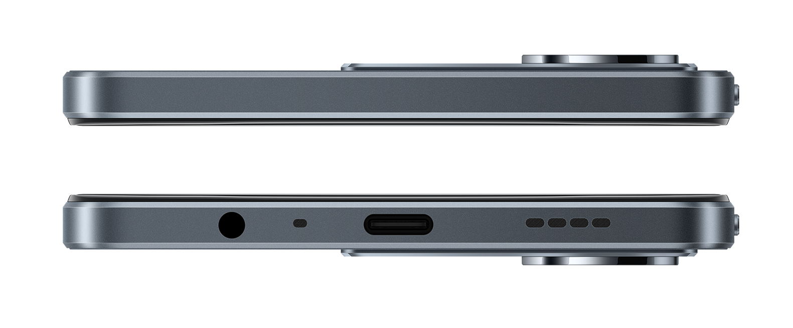Dwa boczne widoki ciemnoszarego smartfona. Na górze widać aparat. Na dole znajdują się porty do ładowania, audio i głośników.