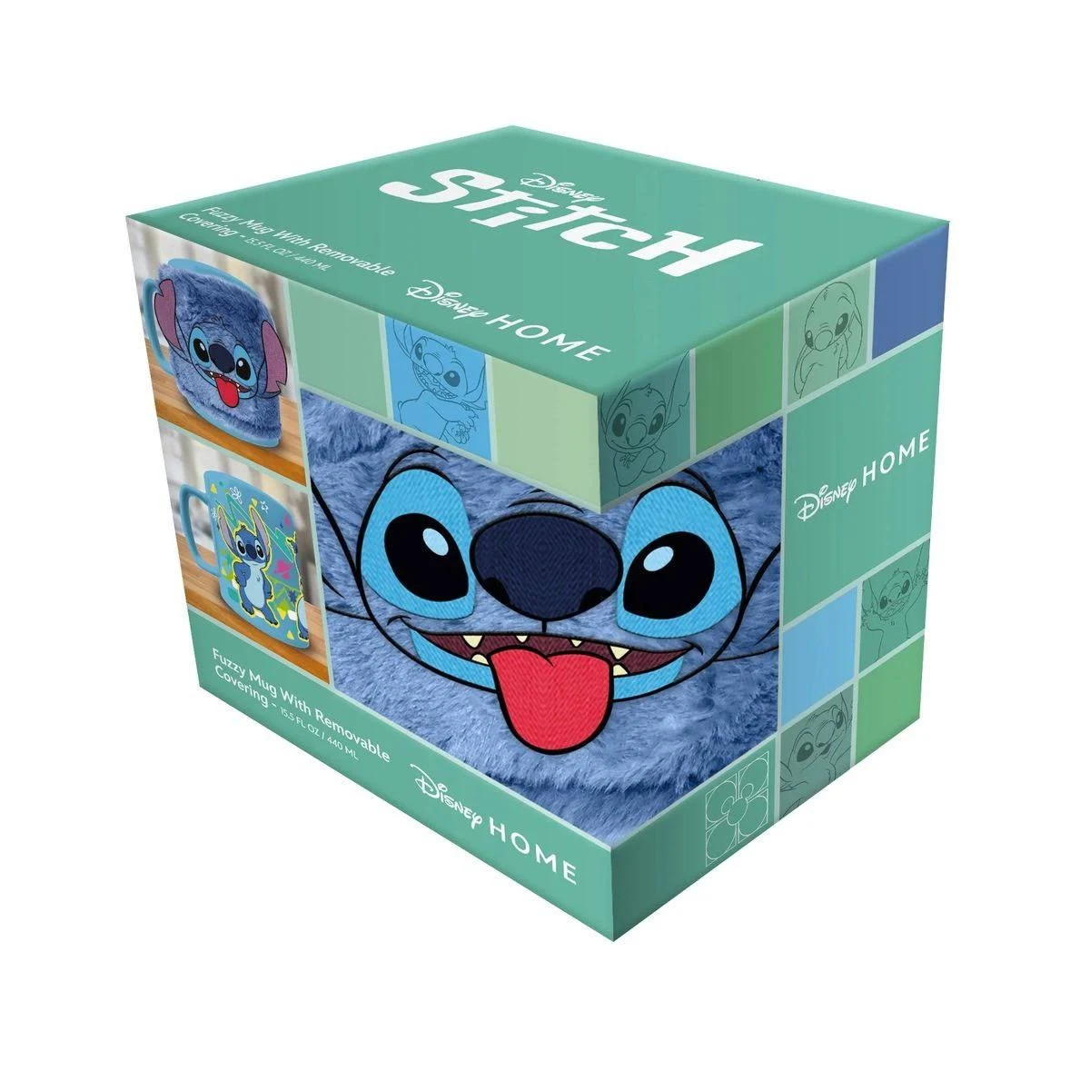 Una caja de taza de Disney Stitch. La caja tiene una imagen grande de la cara de Stitch con la lengua fuera, y imágenes más pequeñas de la taza.