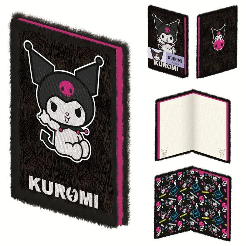 Un cuaderno con el personaje de Kuromi. Cubierta negra con pelaje, detalles rosas e ilustración del personaje. Se muestran varias vistas del cuaderno.