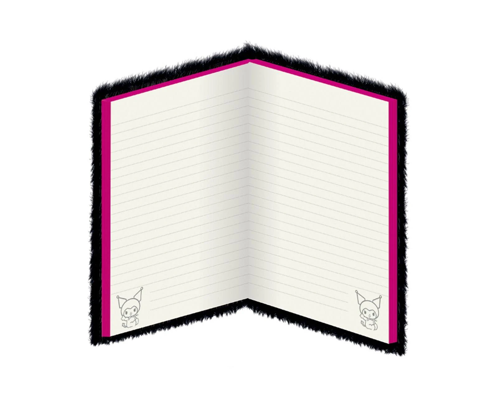 Cuaderno abierto con páginas rayadas. Tiene un borde negro y esponjoso, un borde interior rosa y dos personajes de dibujos animados.
