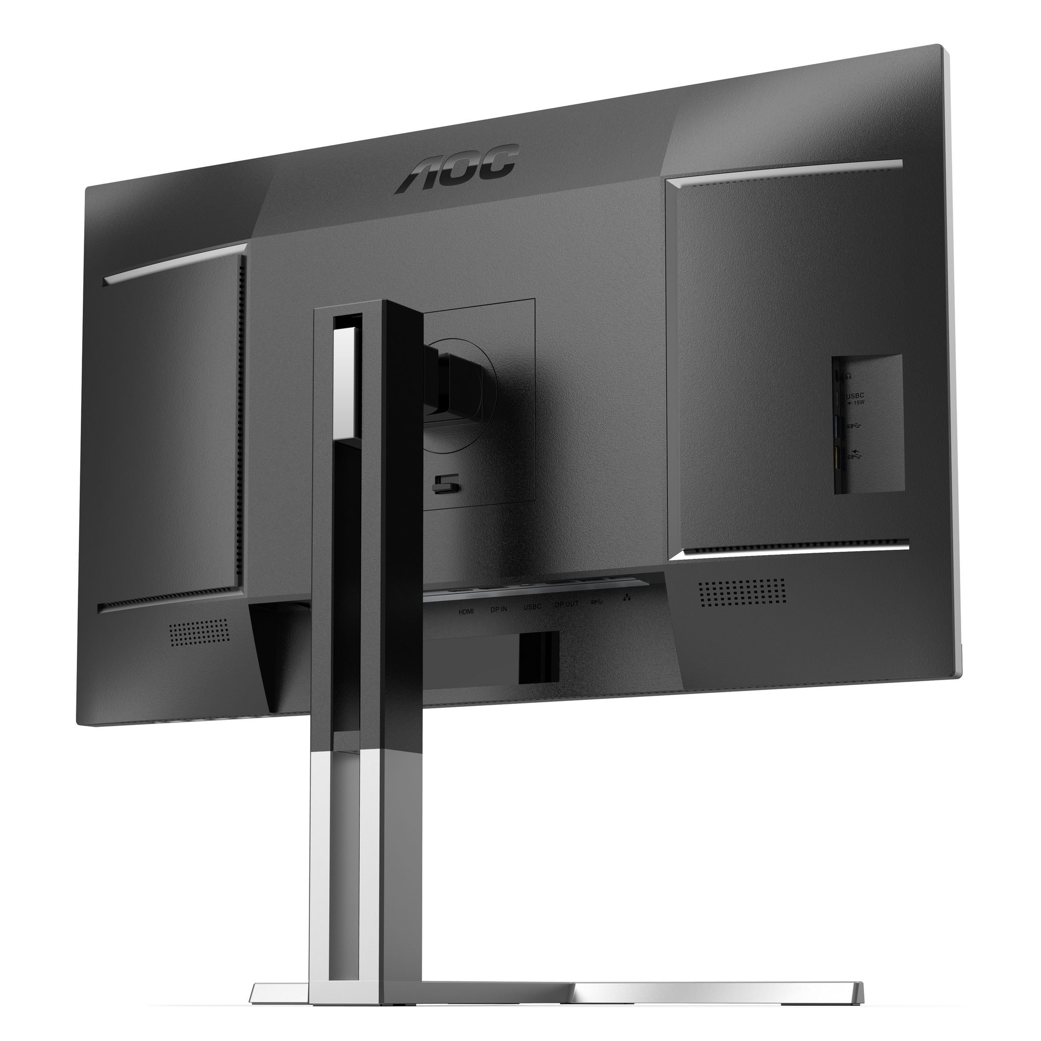 Vista posterior de un monitor de ordenador negro. El soporte es plateado. Los puertos incluyen HDMI, DP y USB-C.