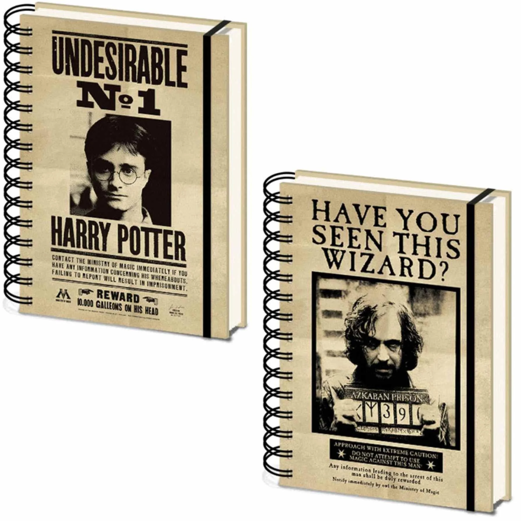 Dos cuadernos con carteles de búsqueda de Harry Potter y Sirius Black. Harry Potter es el Indeseable n.º 1. Se busca a Sirius Black.