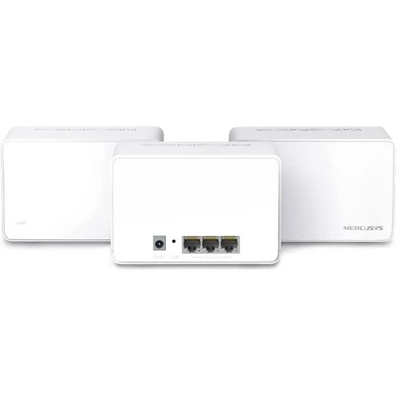 Tres dispositivos wifi de malla Mercusys blancos. El del centro tiene puertos y entrada de alimentación. Los otros son cajas blancas lisas.