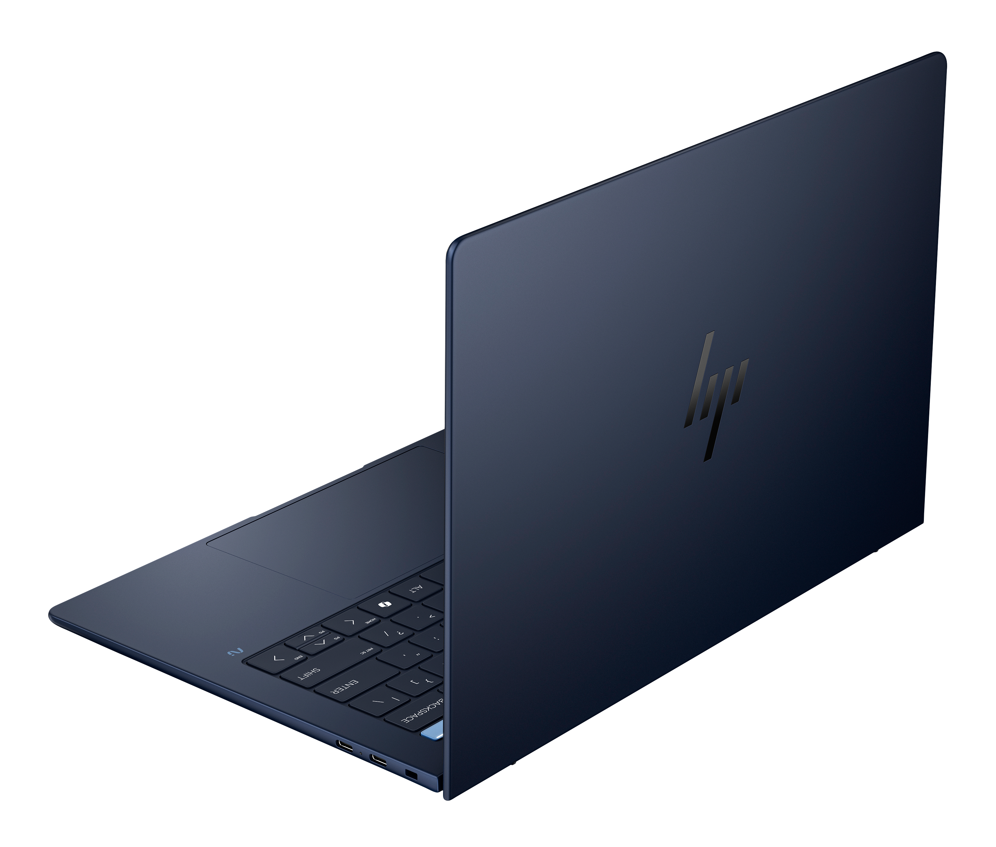 Ein marineblauer HP-Laptop ist leicht geöffnet und zeigt Tastatur und Bildschirm. Das HP-Logo ist auf dem Deckel.