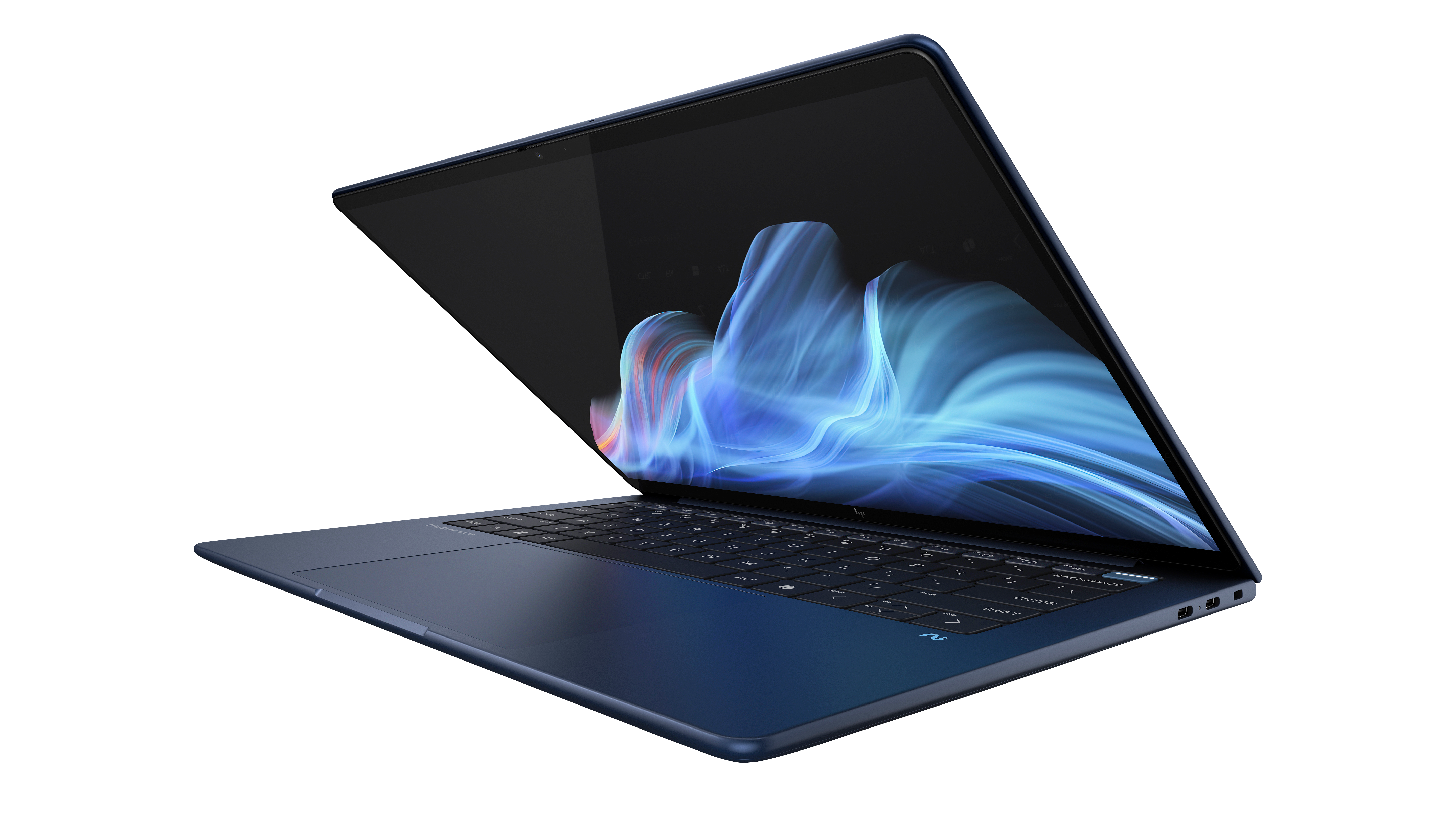 Ein blauer Laptop ist geöffnet und zeigt ein blaues und weißes abstraktes Bild auf dem Bildschirm. Die Tastatur ist sichtbar.