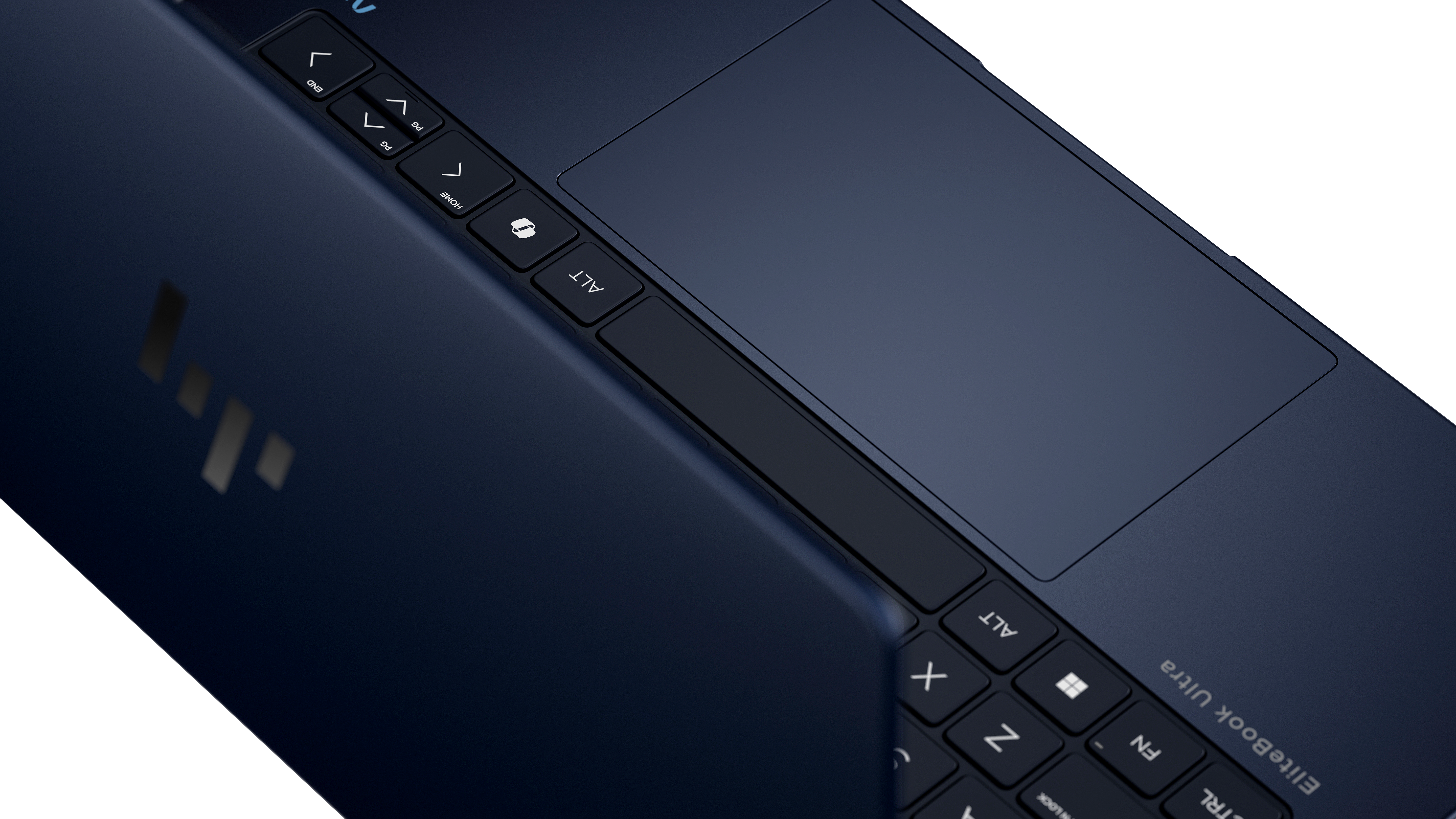 Nahaufnahme eines dunkelblauen Laptops. Tastatur und Touchpad sichtbar. HP-Logo auf dem Deckel. Die Worte 'Elitebook Ultra' sind auf der Tastatur.