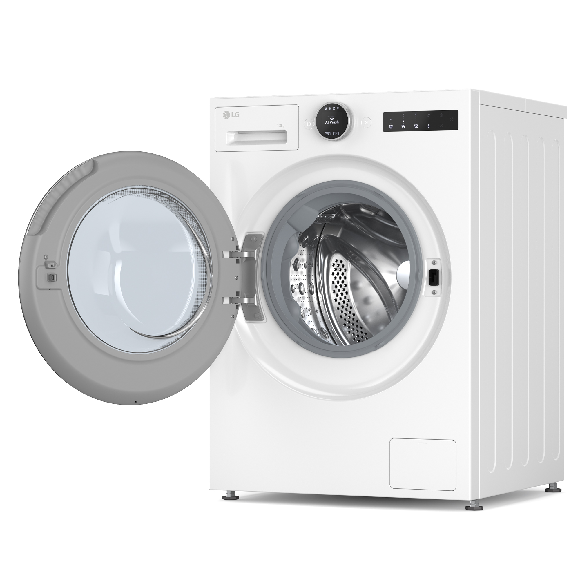 Una lavadora LG blanca con la puerta abierta. Tiene una puerta gris y una pantalla digital.