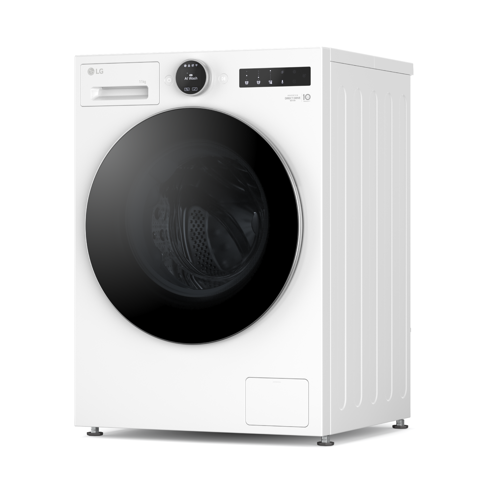 Una lavadora LG blanca con puerta negra. Tiene un panel de control y una pantalla digital.
