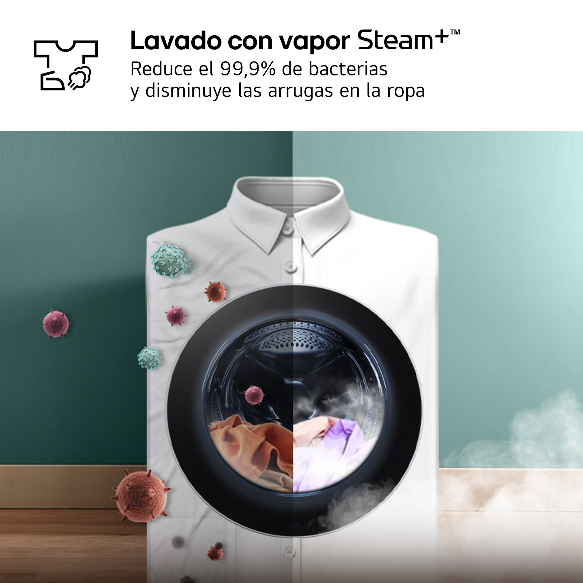 Lavado con vapor Steam plus. Reduce el 99,9% de bacterias y disminuye las arrugas en la ropa. Camisa con efecto de lavado a vapor y eliminación de gérmenes.