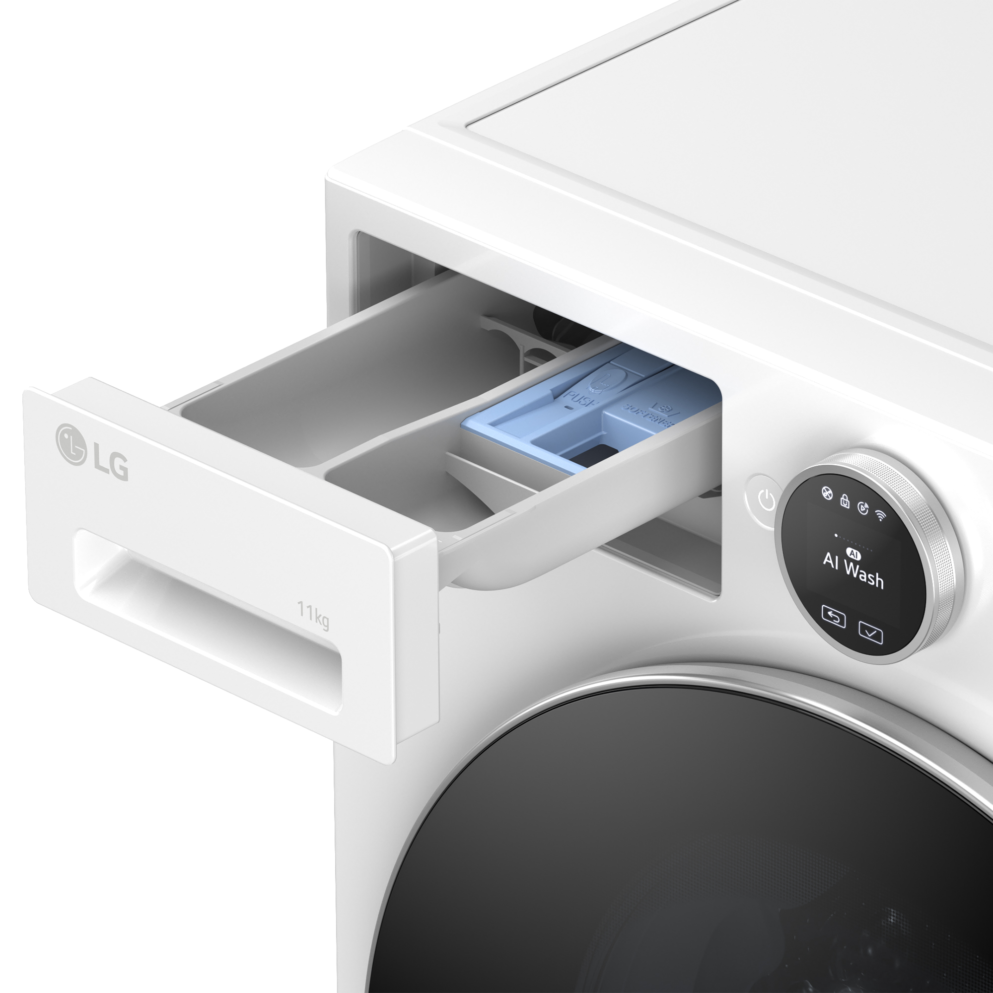 Una lavadora LG blanca muestra un cajón de detergente abierto con un compartimento azul para suavizante. Un panel de control indica 'AI Wash'.