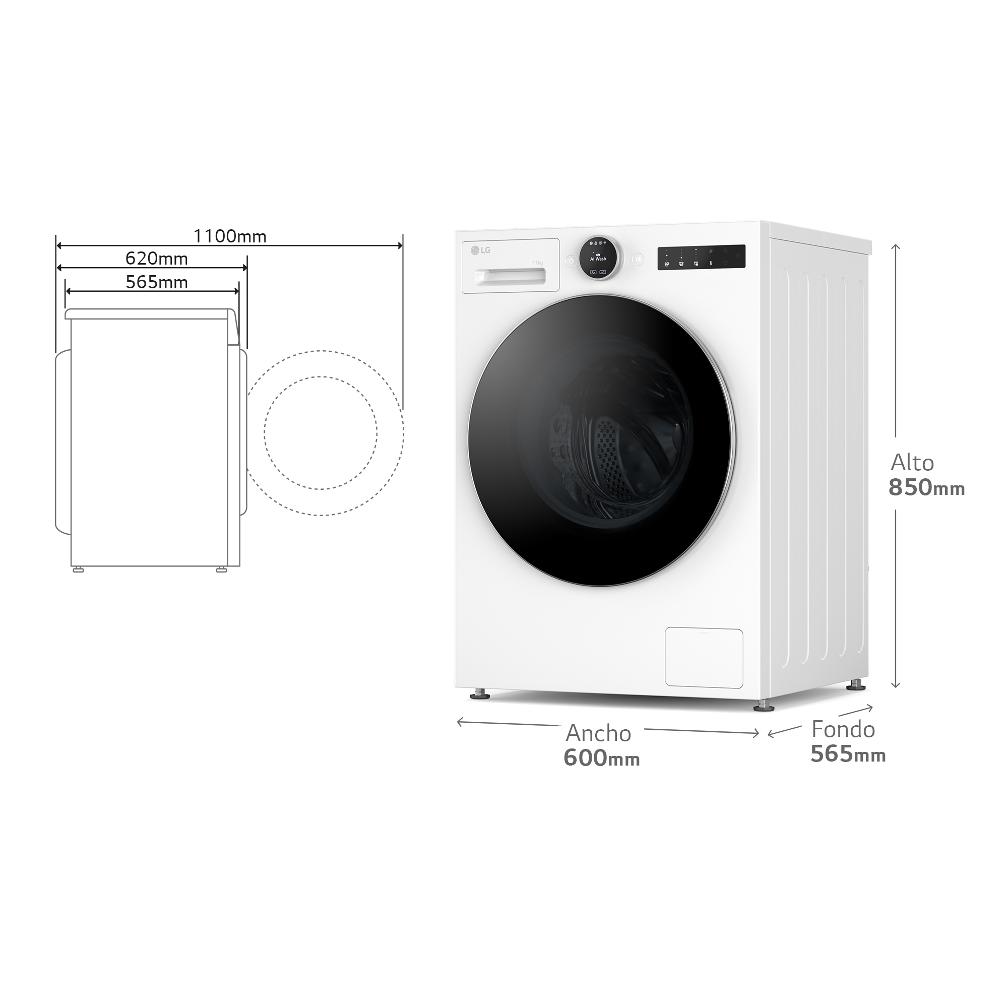 Una lavadora LG blanca con dimensiones y etiquetas. La vista frontal muestra la puerta, el panel de control y el logotipo de la marca.