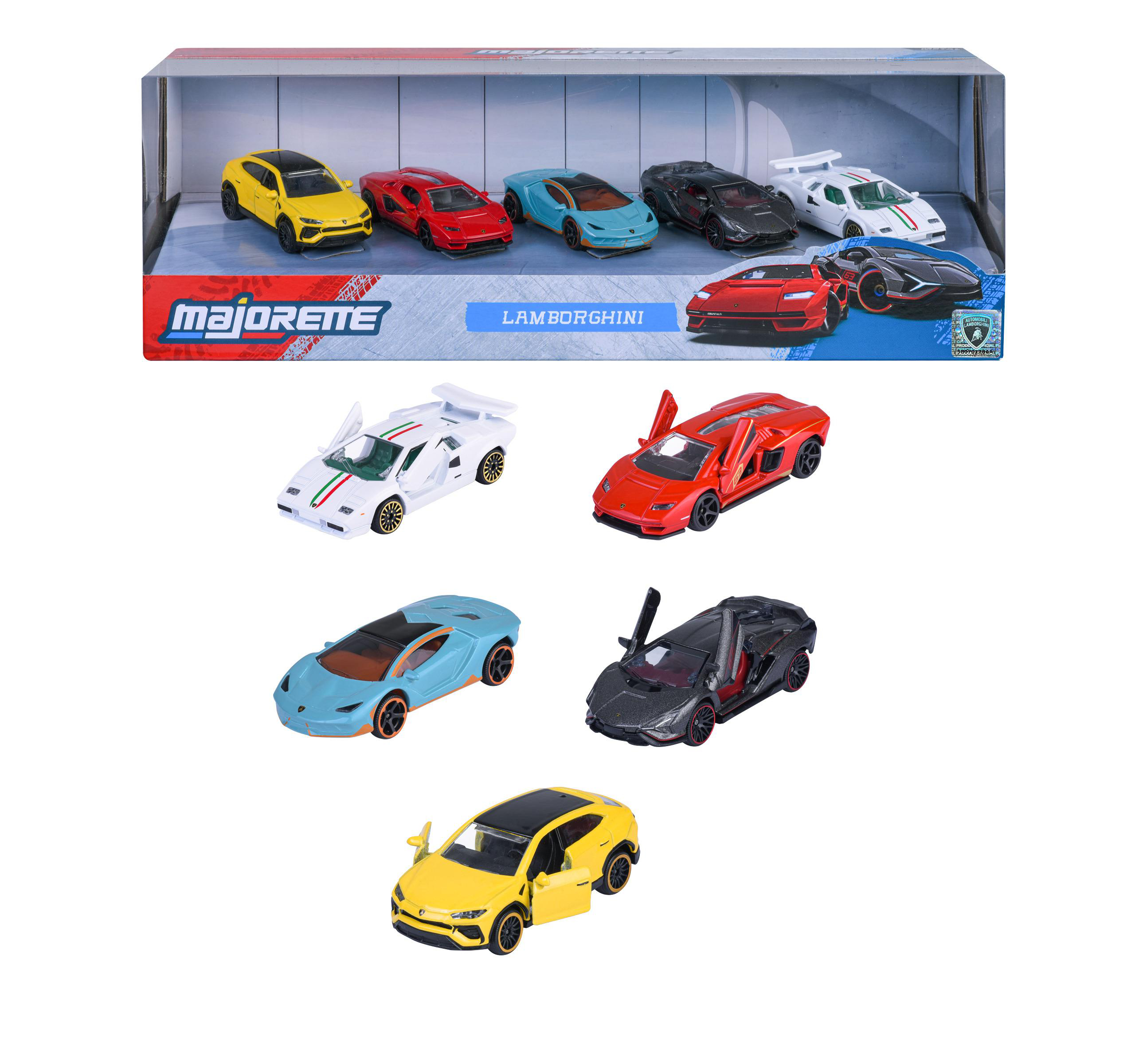 Spielzeugautos in einer Box, verschiedene Farben. Enthält gelbe, rote, blaue, schwarze und weiße Lamborghini-Modelle.