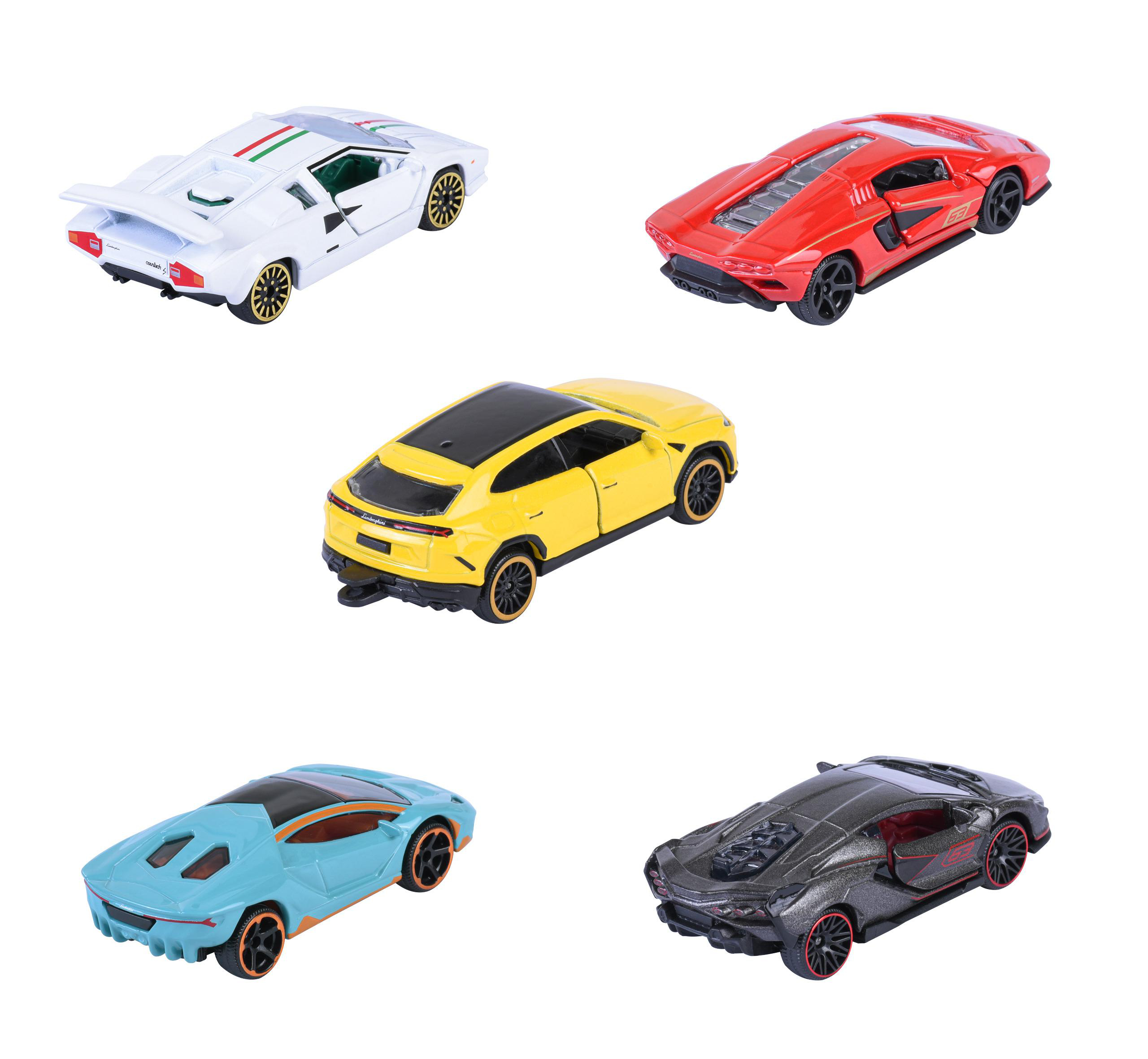 Fünf Spielzeugautos werden gezeigt: weiß, rot, gelb, blau und grau. Jedes Auto befindet sich auf weißem Hintergrund.