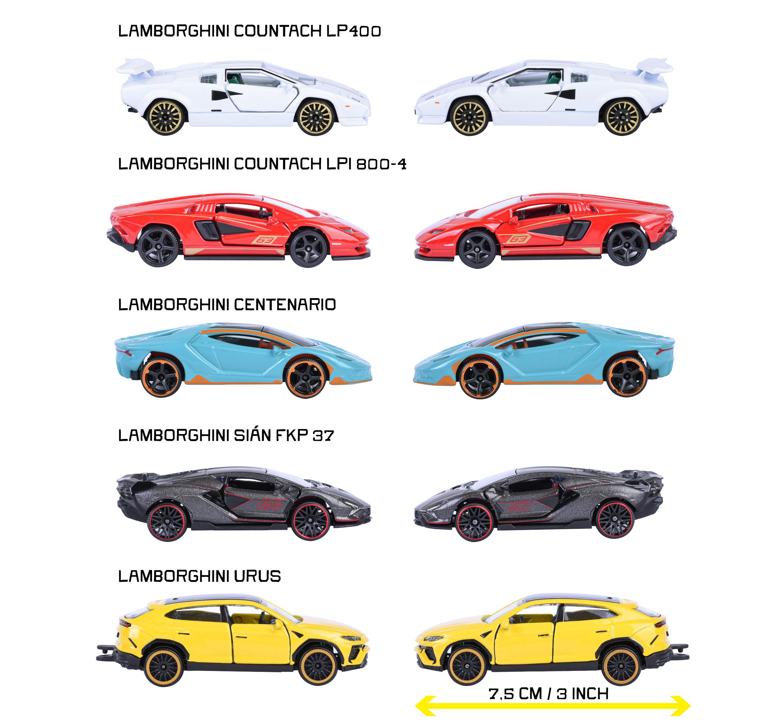 Das Bild zeigt fünf Spielzeug-Lamborghini-Autos: weißen Countach, roten LPI 800-4, blauen Centenario, grauen Sián und gelben Urus, alle auf Weiß.