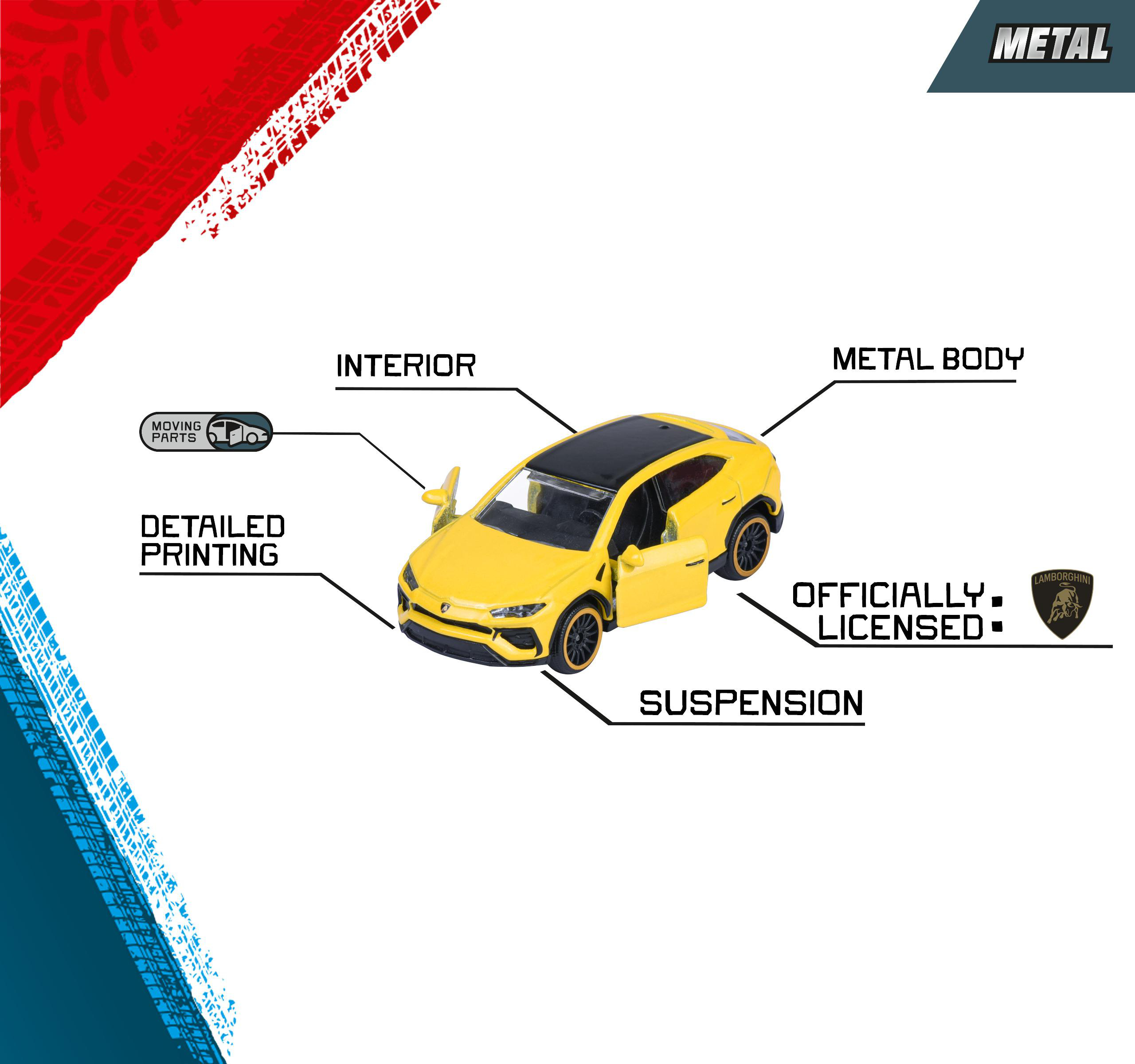 Gelbes Lamborghini-Spielzeugauto mit schwarzem Dach und Rädern, Tür offen. Text zeigt Metallkarosserie, Federung und detaillierten Druck.