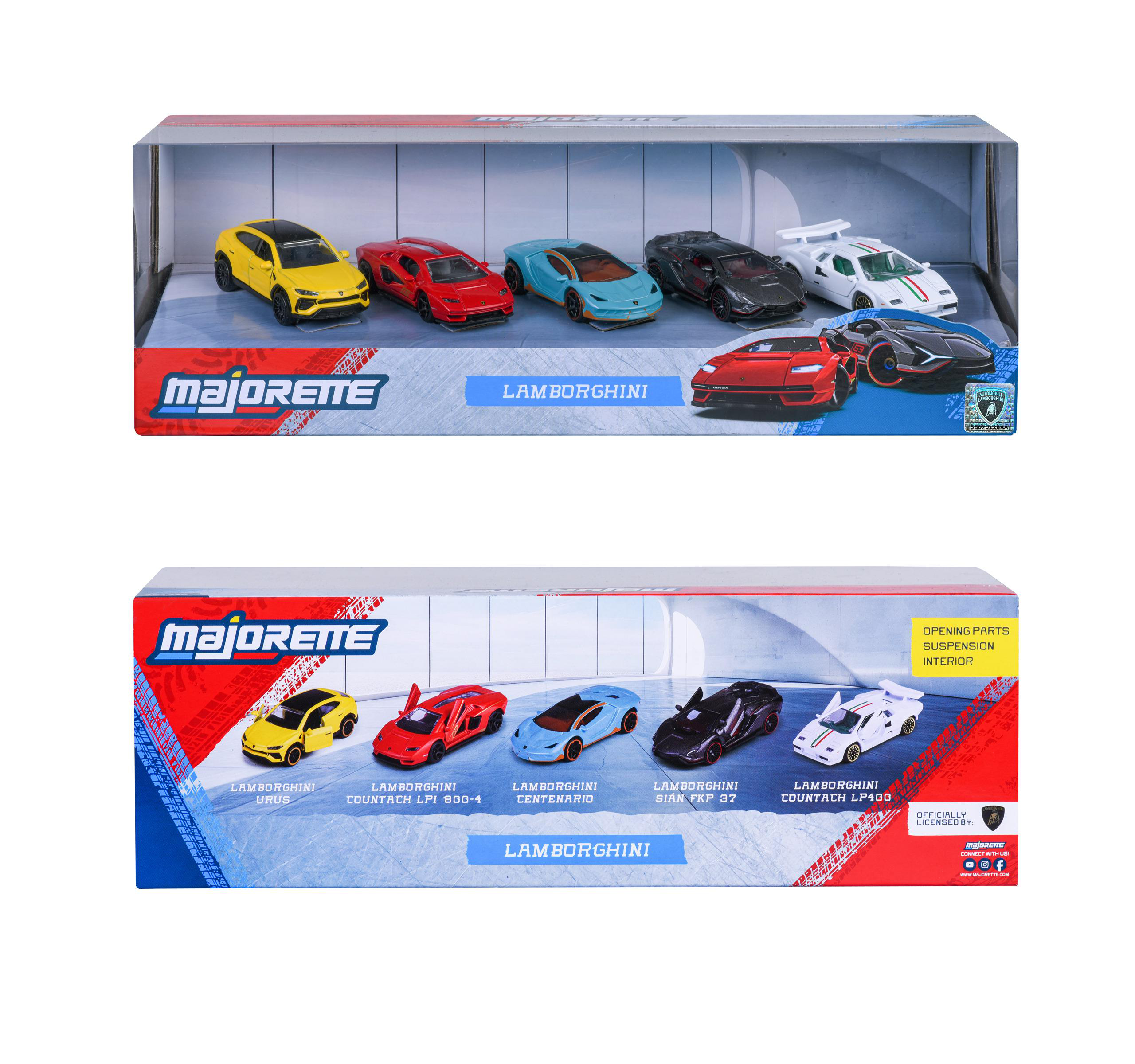 Eine Box mit Spielzeug-Lamborghini-Autos. Die Box zeigt verschiedene Modelle: gelber Urus, roter Countach, blauer Centenario, schwarzer Sian.