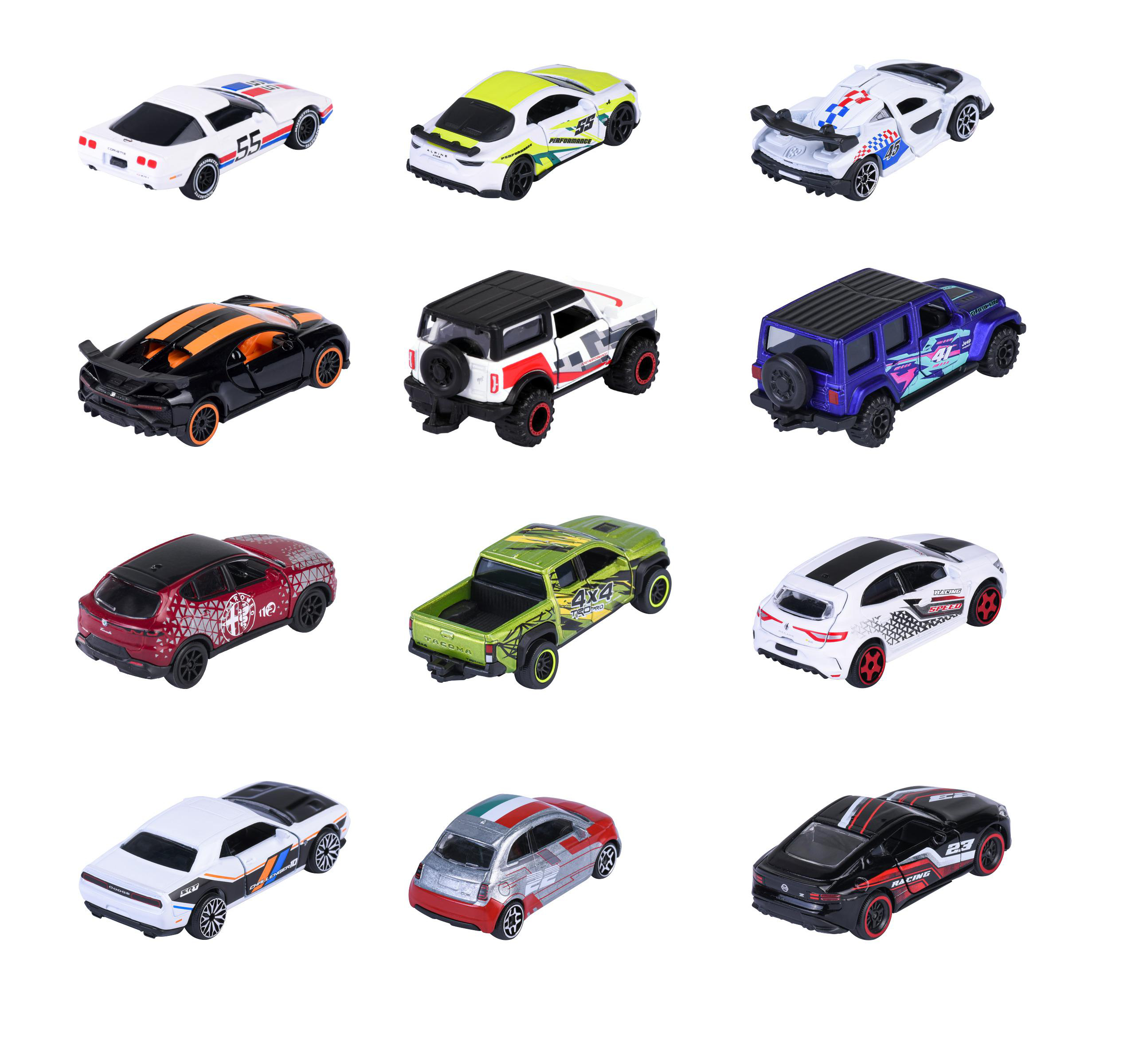 Neun Spielzeugautos sind auf einer weißen Oberfläche angeordnet. Die Autos sind verschiedene Modelle und Farben.