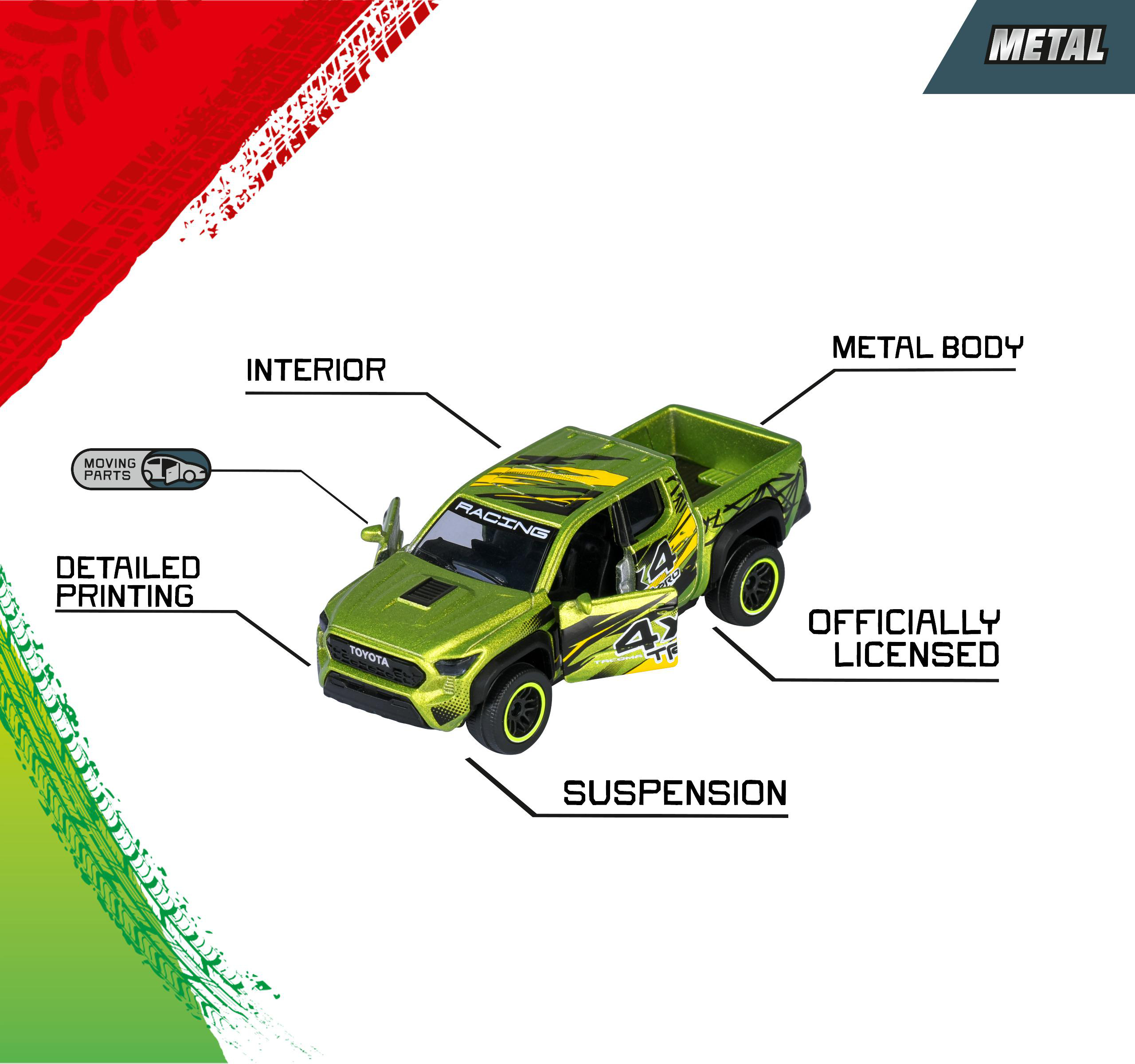 Ein grüner Spielzeug-LKW mit schwarzen Rädern und Details. Er hat offene Türen und Aufschriften wie 'Racing', 'Metal Body' und 'Toyota'.