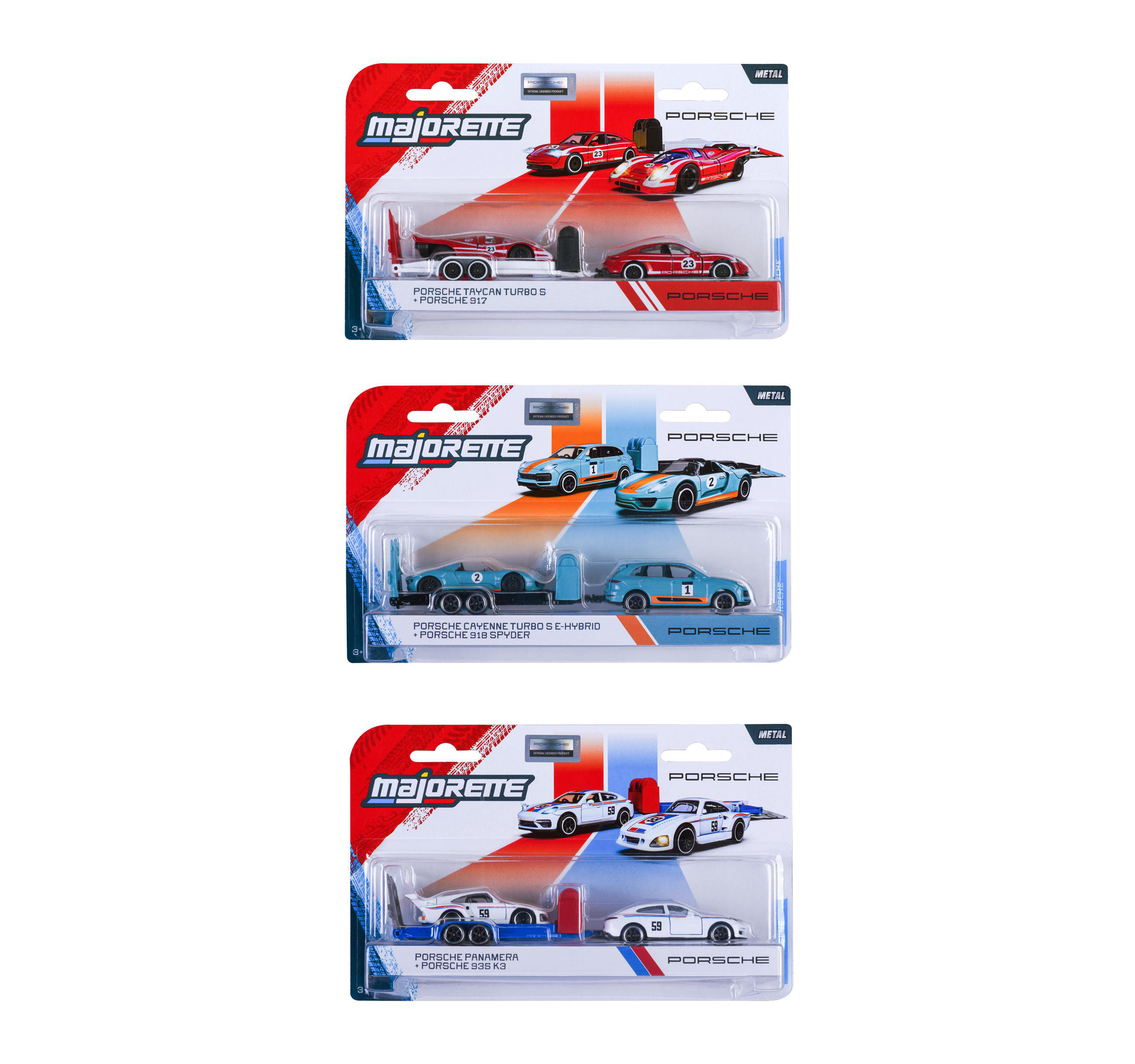 Drei Spielzeugauto-Pakete. Rotes Auto mit der Nummer 23, blaues Auto mit der Nummer 2, weißes Auto mit der Nummer 59.