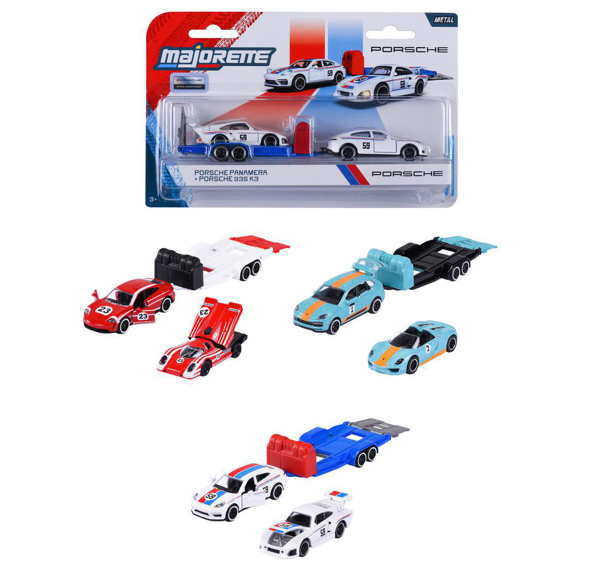 Eine Sammlung von Spielzeug-Porsche-Autos, darunter ein verpacktes Set und mehrere einzelne Autos in verschiedenen Farben und Designs.