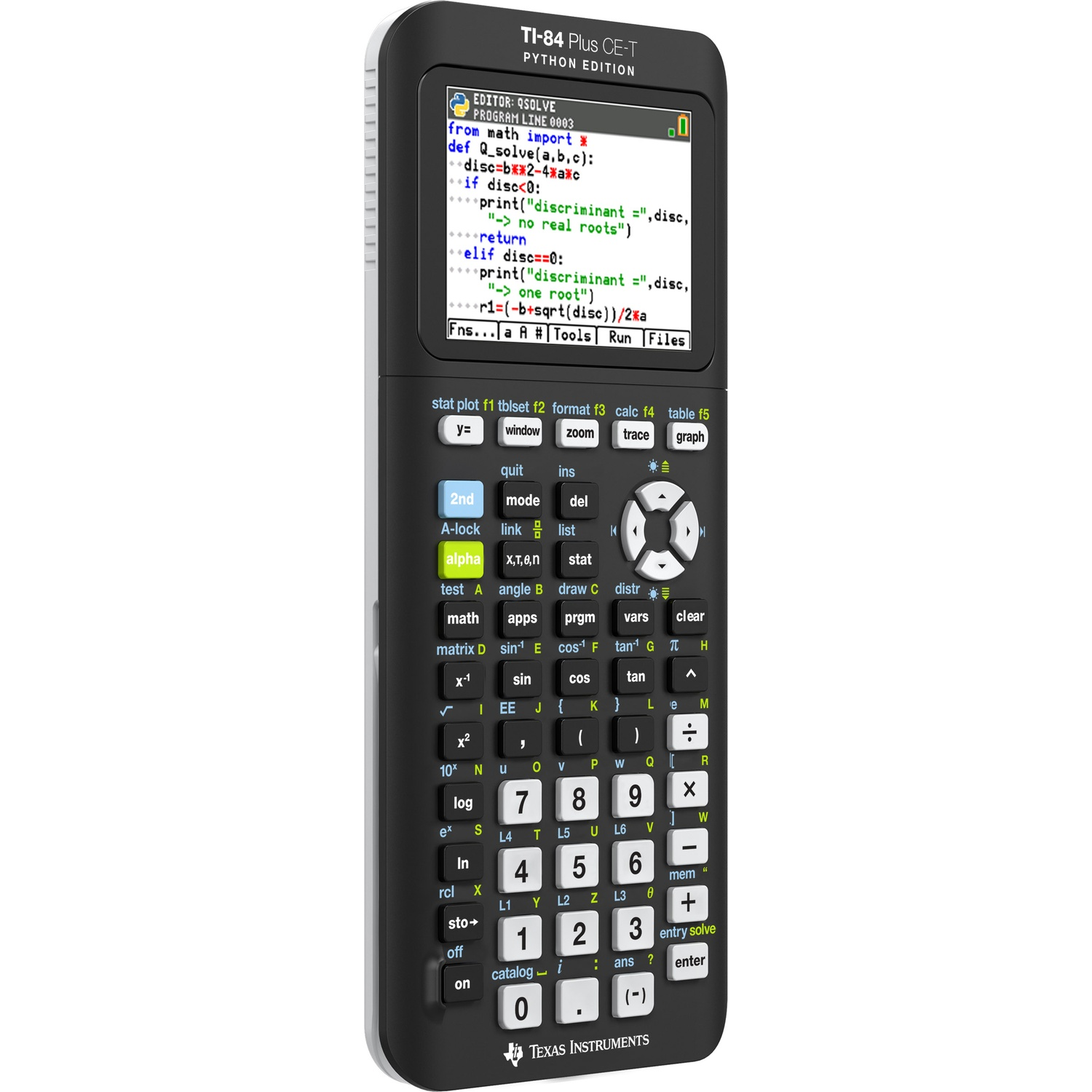 A black TI-84 Plus CE-T calculator displays Python code on its screen, with white keys and the Texas Instruments logo.