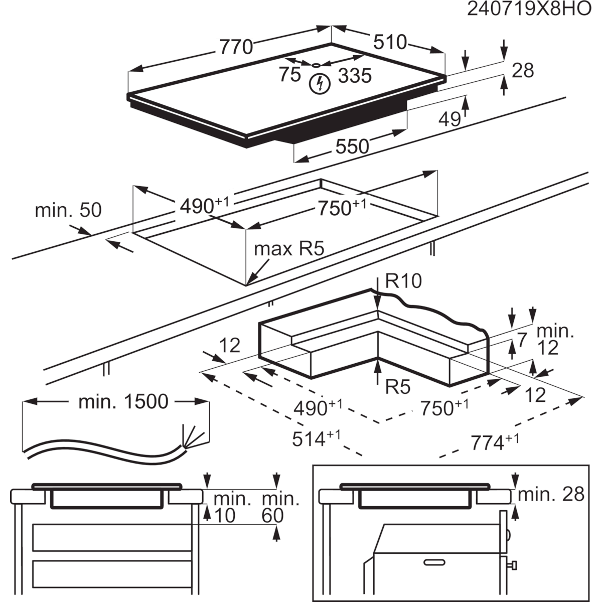 Főzőlap diagramja méretekkel. Felülnézetet és oldalsó nézetet mutat milliméterben megadott méretekkel. A főzőlap és a kivágás részletei.