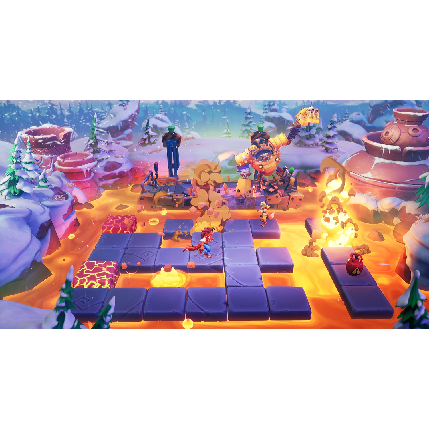 Een videogame-scène met personages die over platforms boven lava navigeren. Een grote robot, een besneeuwde achtergrond en explosies zijn zichtbaar.
