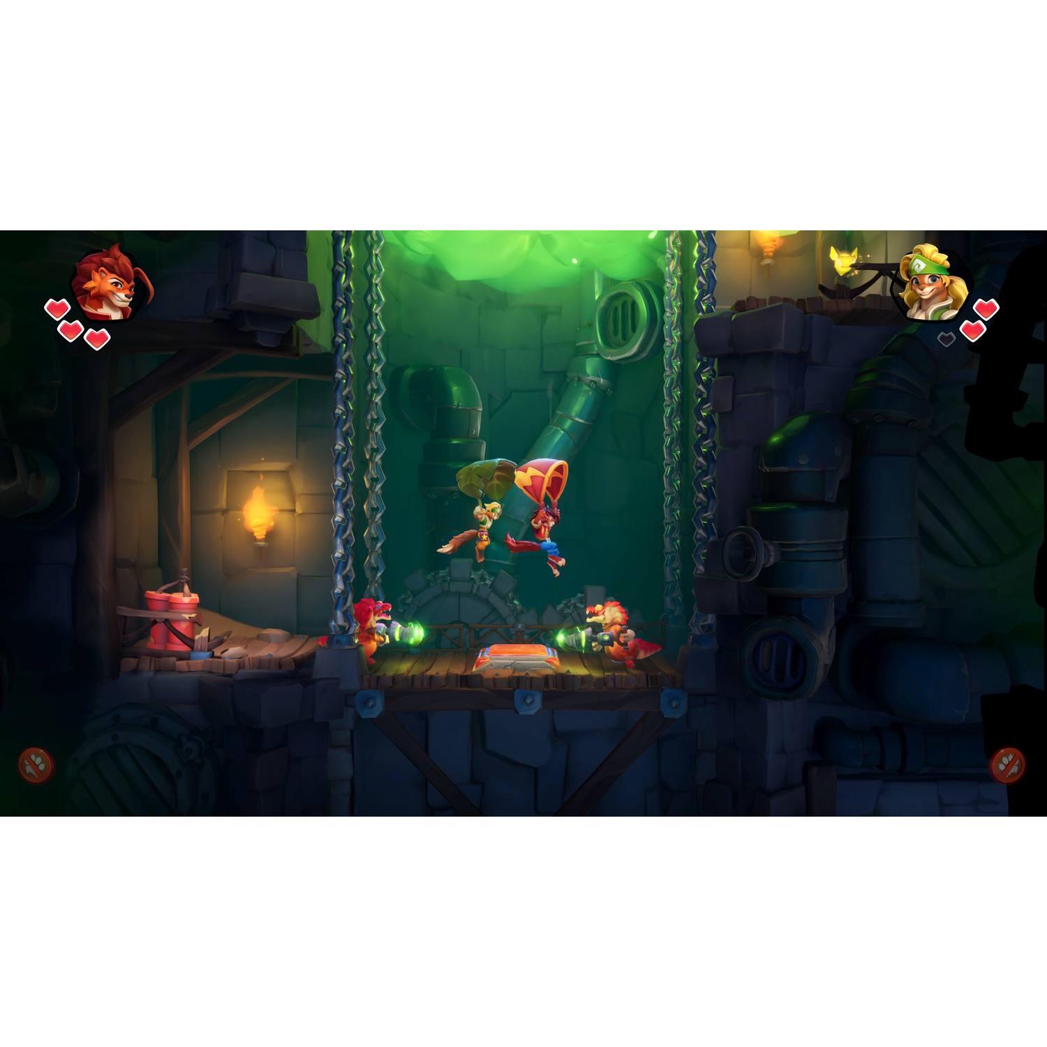 Een videogame-scène met stripfiguren. Twee personages zijn in de lucht. Achtergrond heeft pijpen, kettingen en een groene gloed.