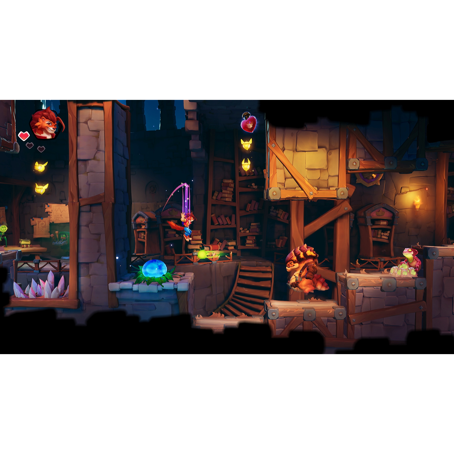 Een videogame scene toont een personage dat aan een touw slingert. De achtergrond is een middeleeuws interieur met stenen muren en houten structuren.