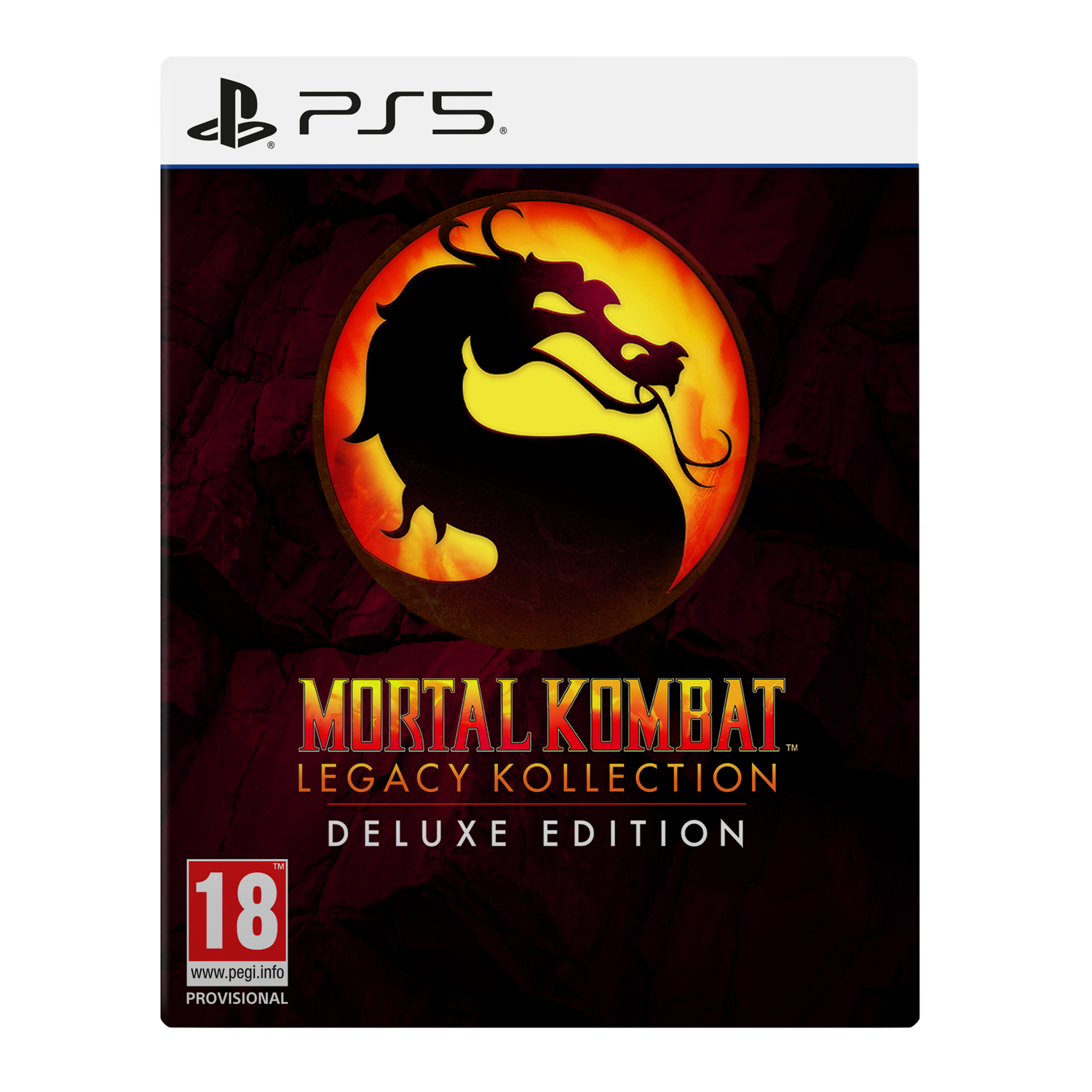 Mortal Kombat Legacy Kollection Deluxe Edition game cover. Toont het PS5-logo, een draak silhouet en een leeftijdsclassificatie.