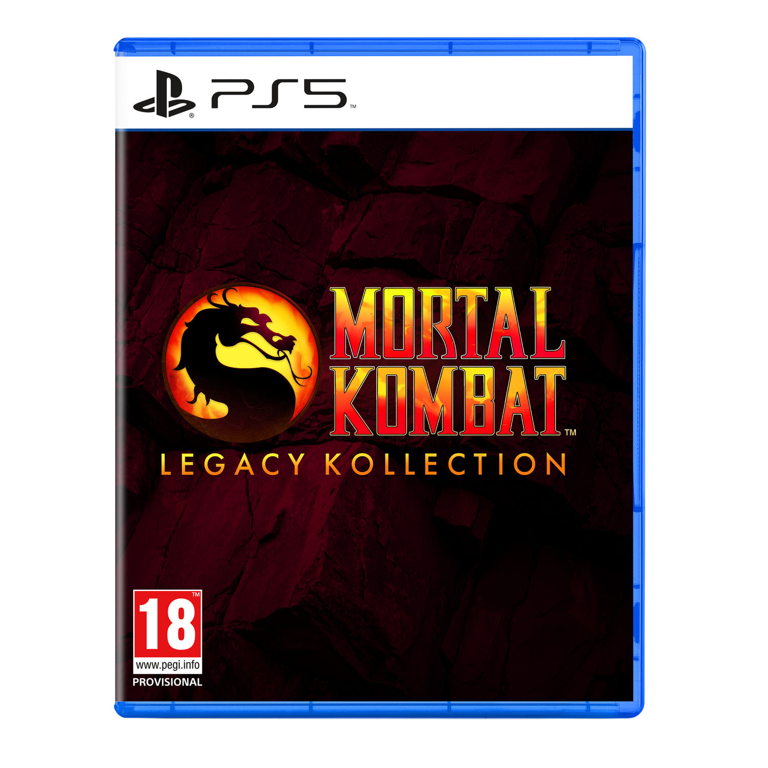 PS5 gamecase van Mortal Kombat Legacy Kollection. Logo met draak, tekst en leeftijdsaanduiding 18. Donkerrode achtergrond.