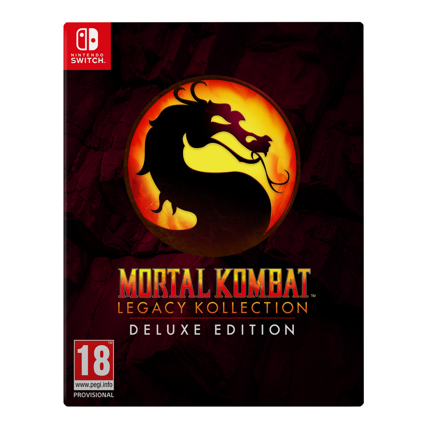 Mortal Kombat Legacy Kollection Deluxe Edition voor Nintendo Switch. Drakenlogo op gele cirkel.