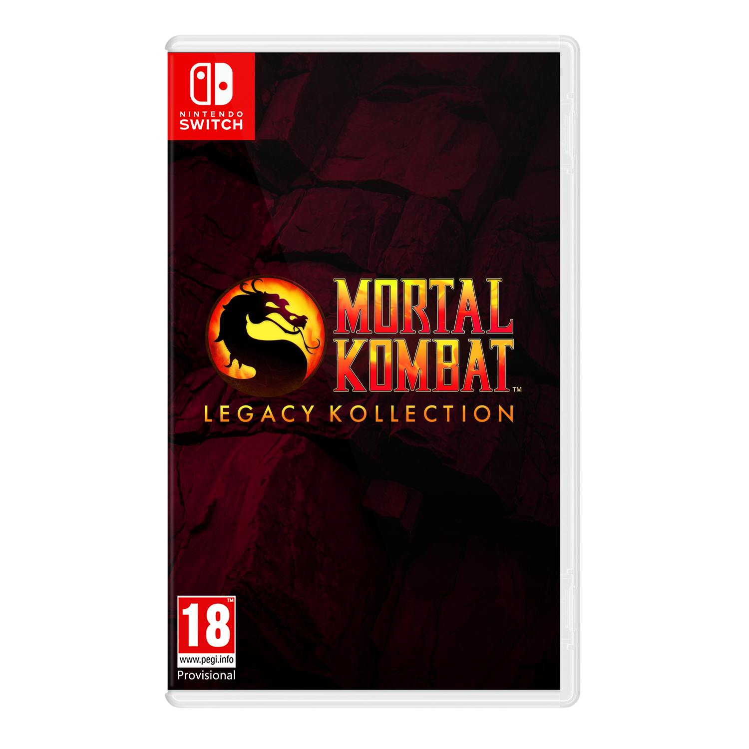 Mortal Kombat Legacy Kollection game case voor Nintendo Switch. Met Mortal Kombat logo, draak en leeftijdsclassificatie 18.