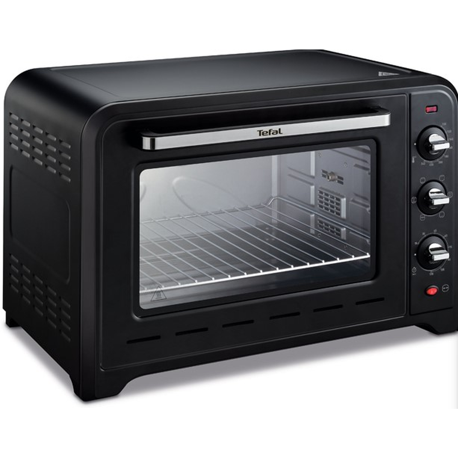 A black Tefal countertop oven. It has a glass door, a wire rack inside, and control knobs on the right side.