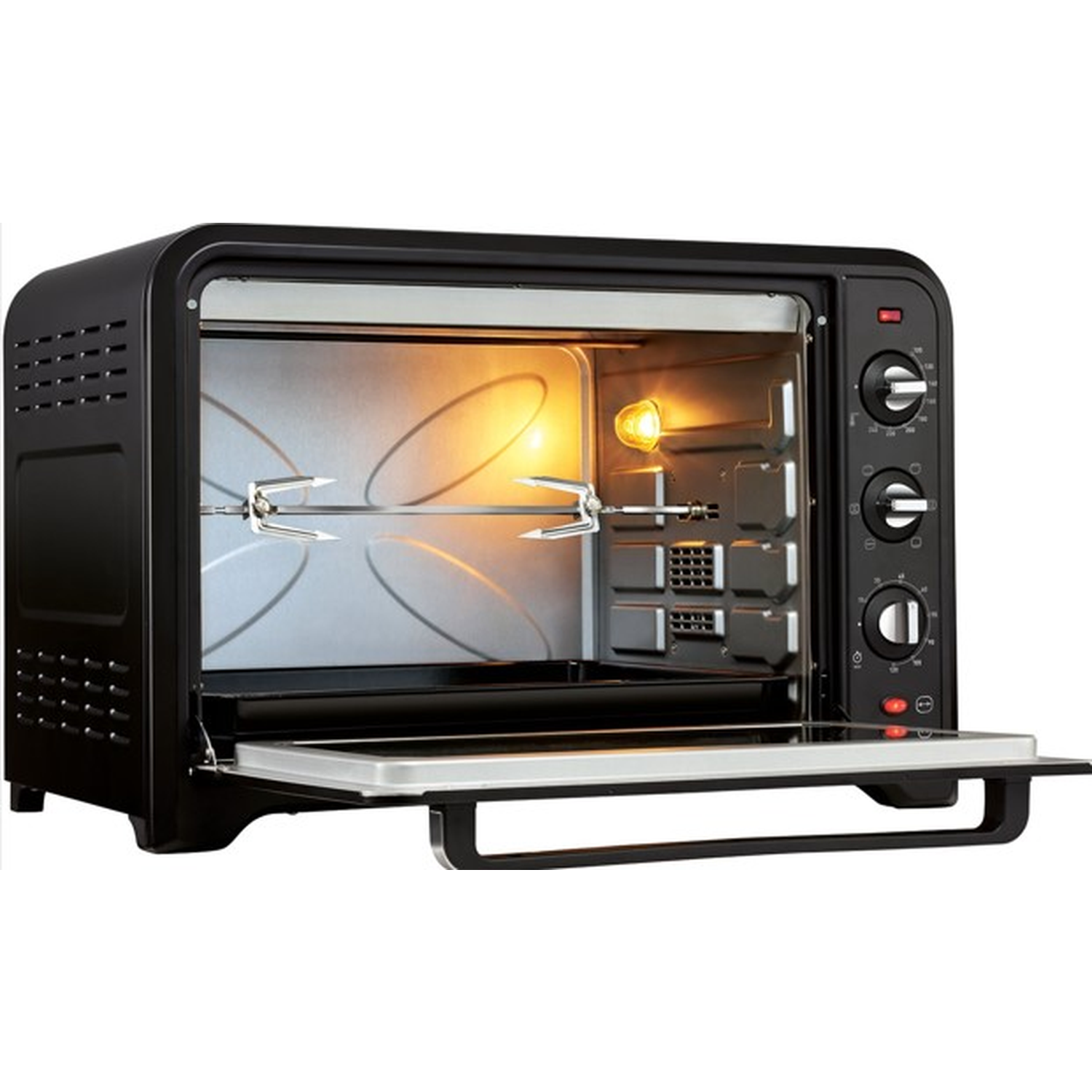 A black oven with the door open. Knobs and a rotisserie inside. The interior is lit with a warm glow.