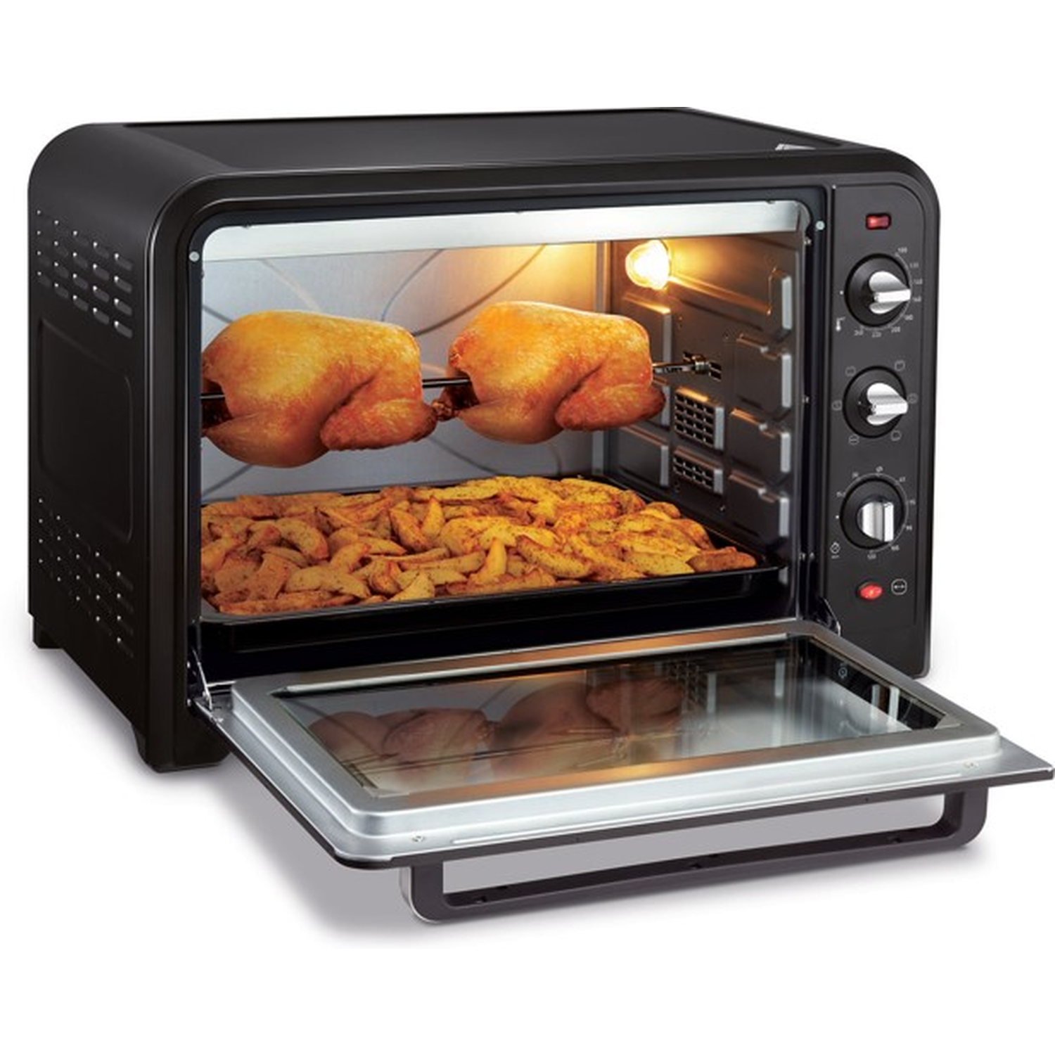 A black oven with the door open, showing two roasting chickens and a tray of potatoes. The oven has controls on the side.