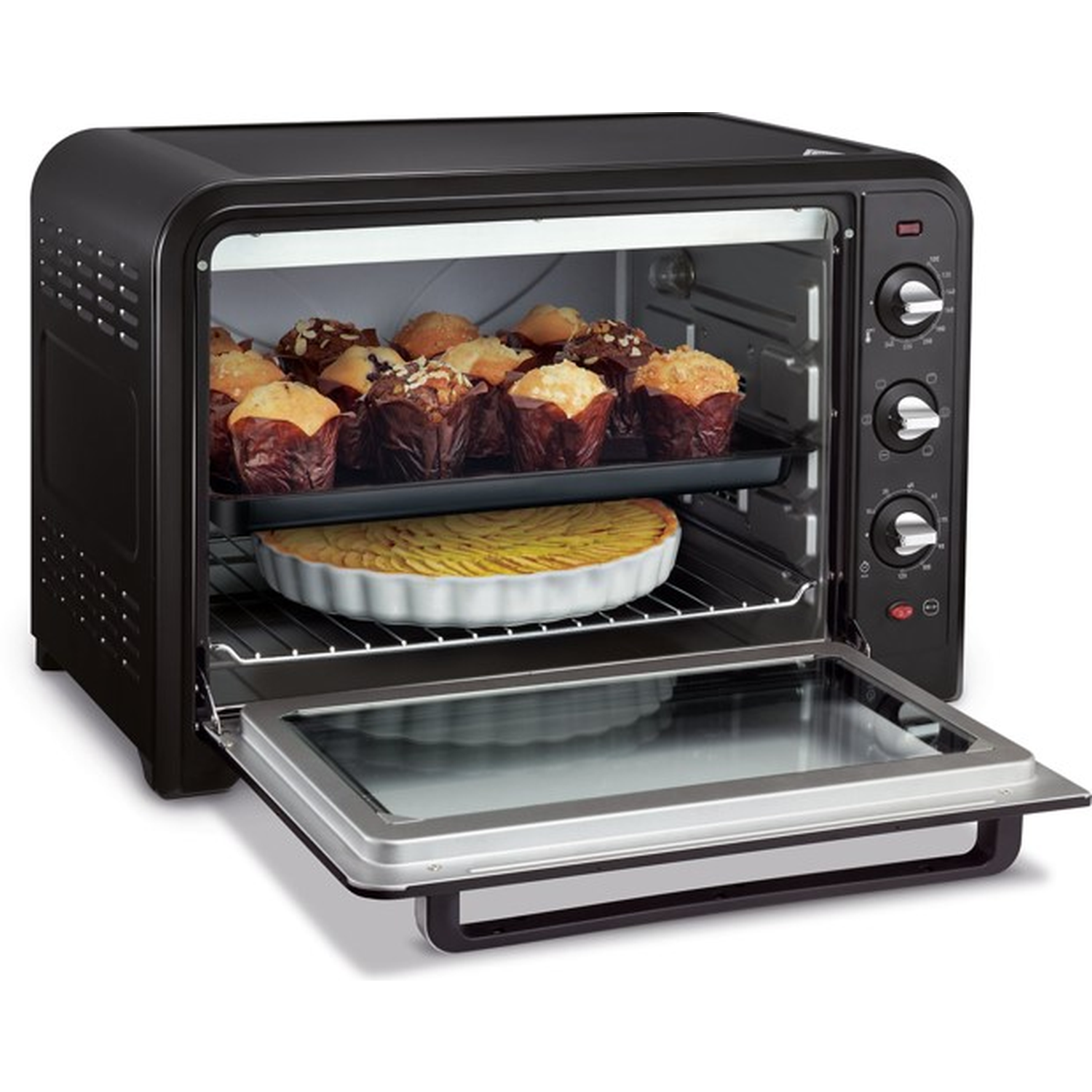 Black oven with open door. Inside, muffins and a pie are baking. Oven has control knobs on the right. The door is open.
