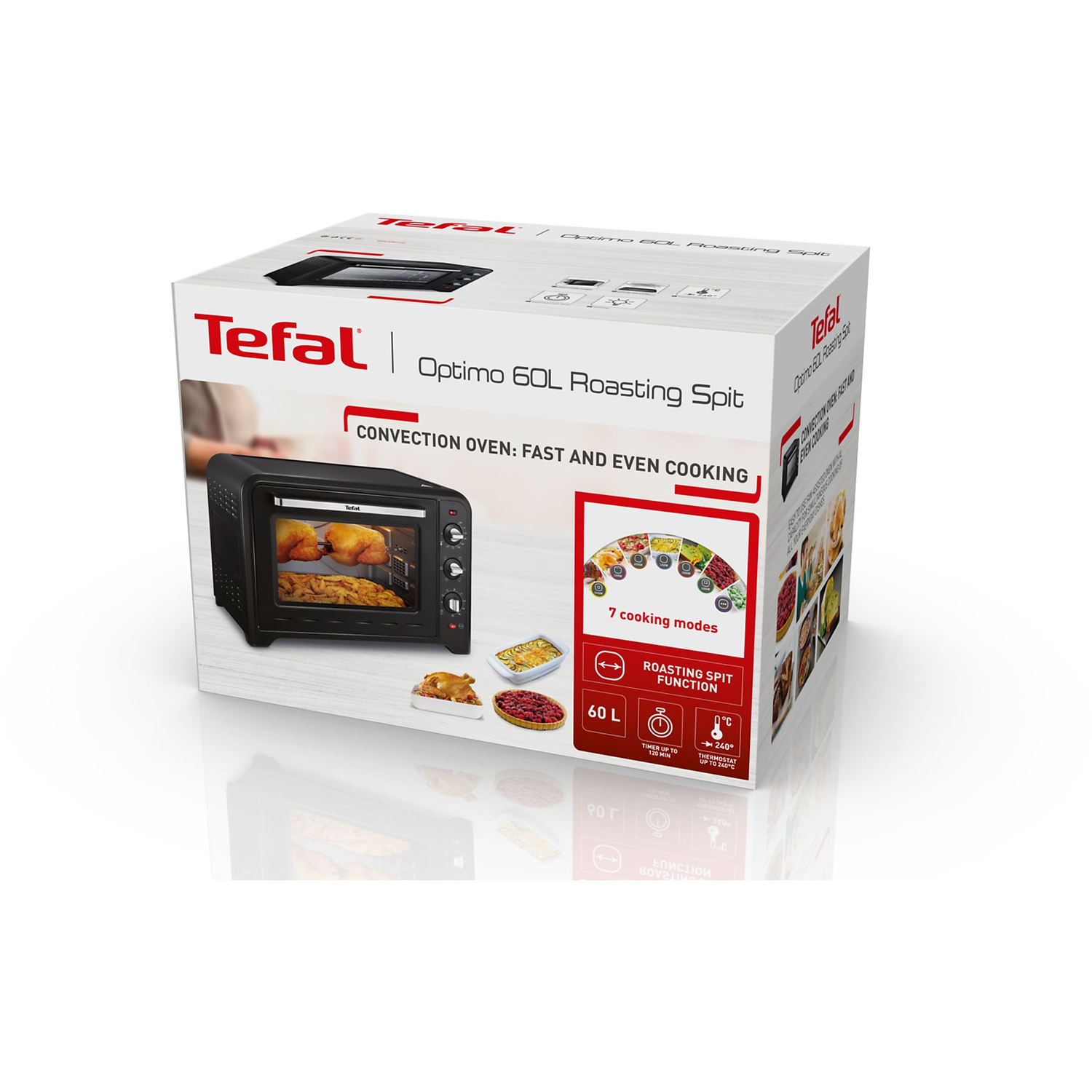 A Tefal Optimo 60L roasting spit oven box. It shows the oven, cooking modes, and features. The oven is black, and the box is white.