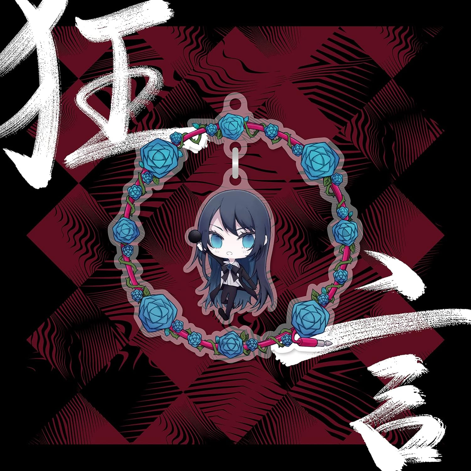 Egy anime lány bűbáj rózsakoszorúban. A háttér piros és fekete mintázattal, fehér japán karakterekkel.