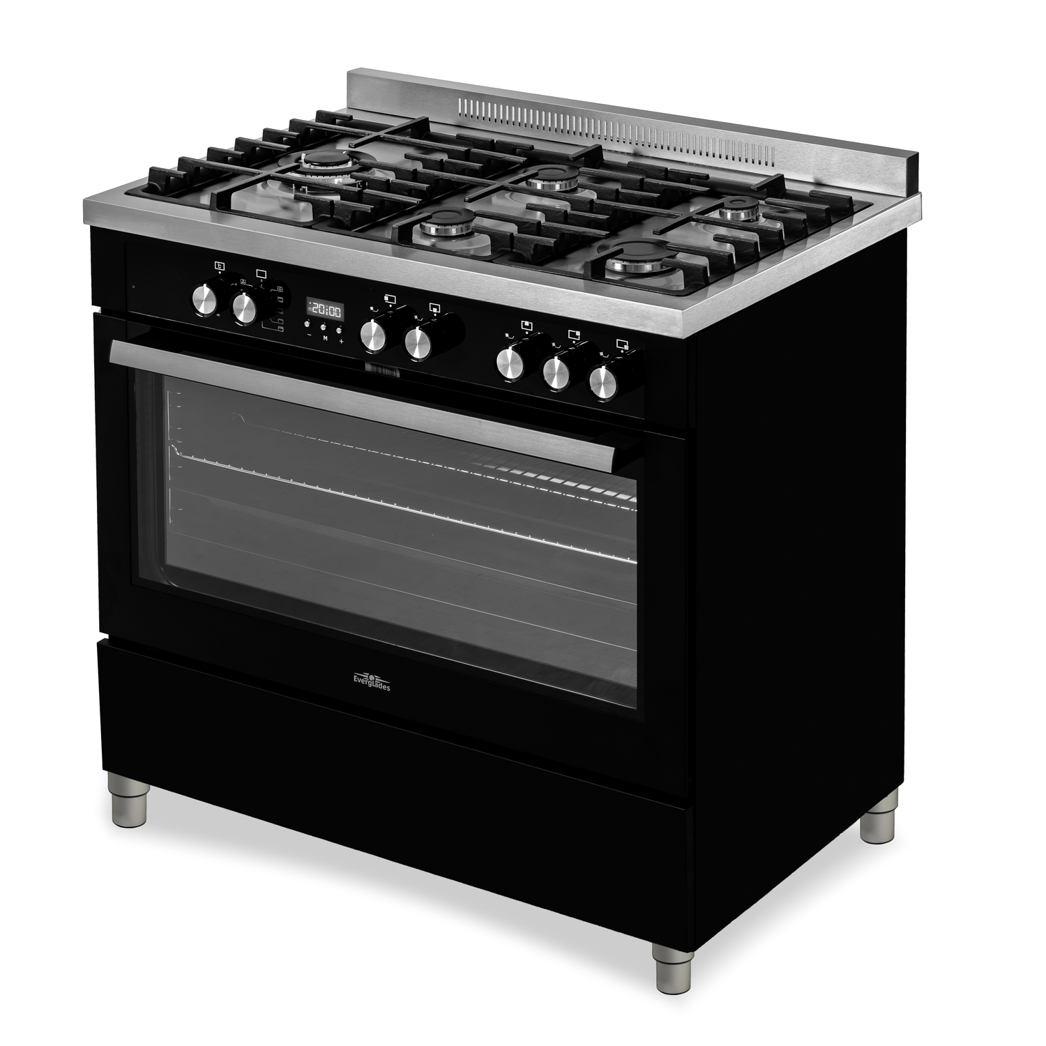 Een zwart en zilveren gasfornuis met oven. Het heeft vijf branders, een digitale klok en een glazen ovendeur. Het staat op vier poten.