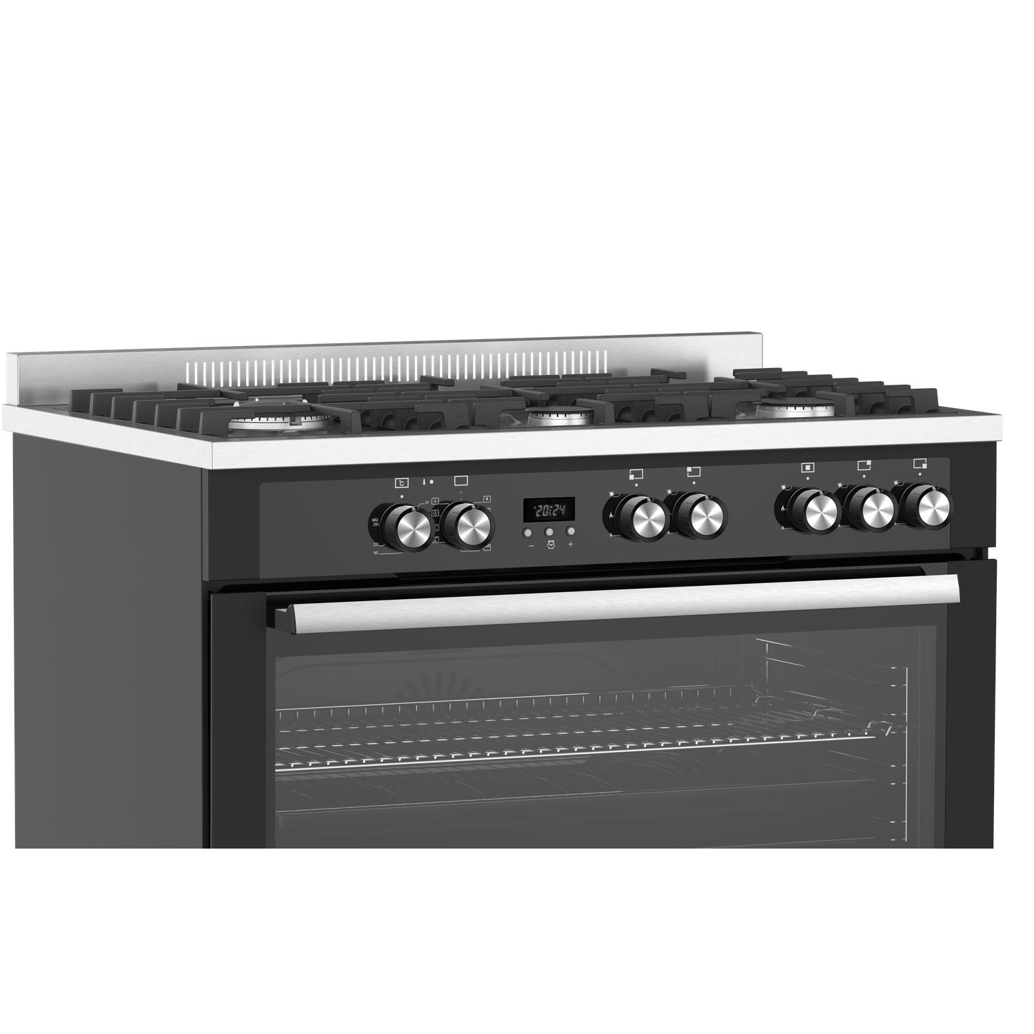 Een zwarte en zilveren oven met een glazen deur. Het heeft meerdere branders, knoppen en een elektronisch display. De oven is leeg van binnen.