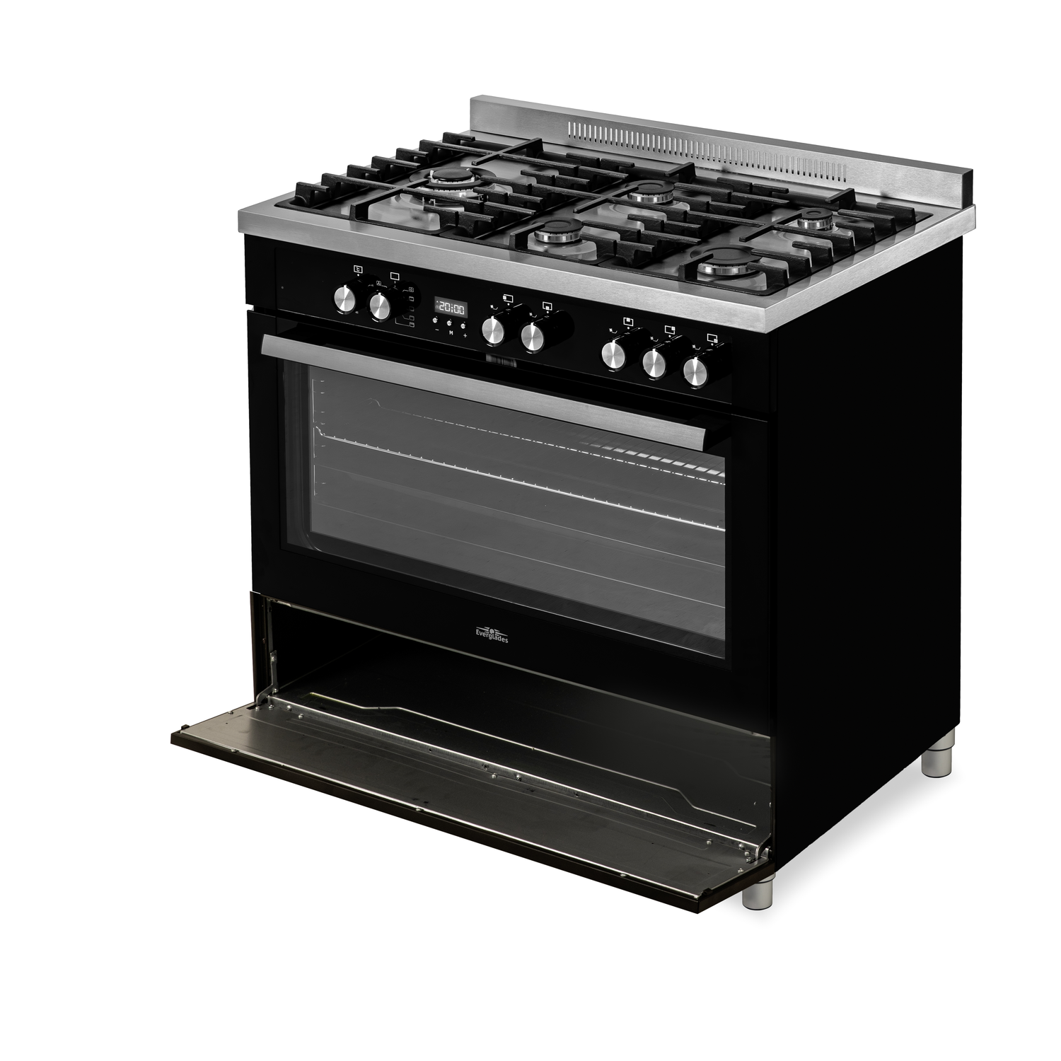 Zwarte en roestvrijstalen oven met open deur, kookplaat en digitaal display. Geïsoleerd op witte achtergrond.