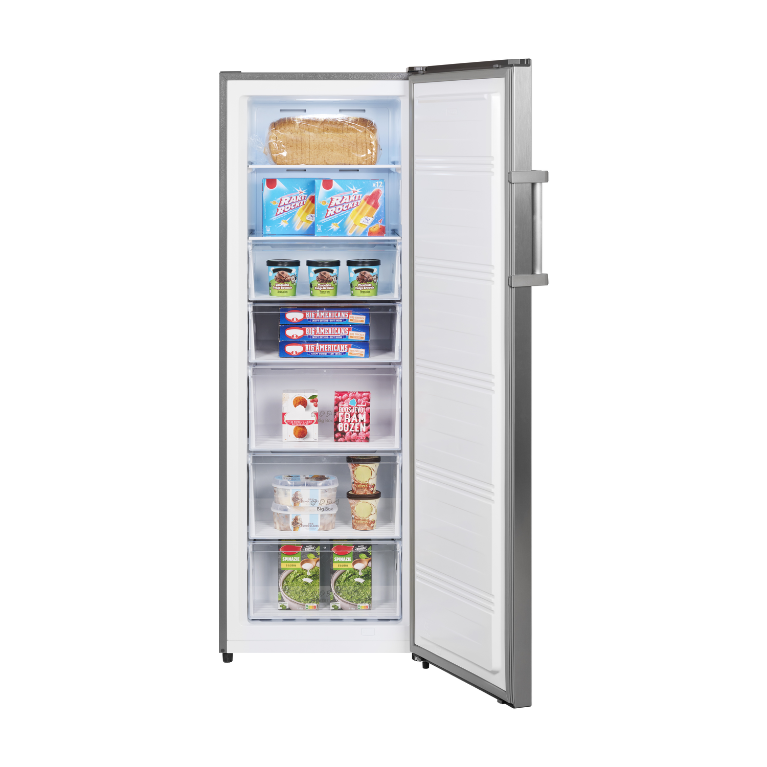 An open freezer displaying various frozen goods like ice cream, popsicles, and vegetables, including Big Americans and RAKET ROCKET.