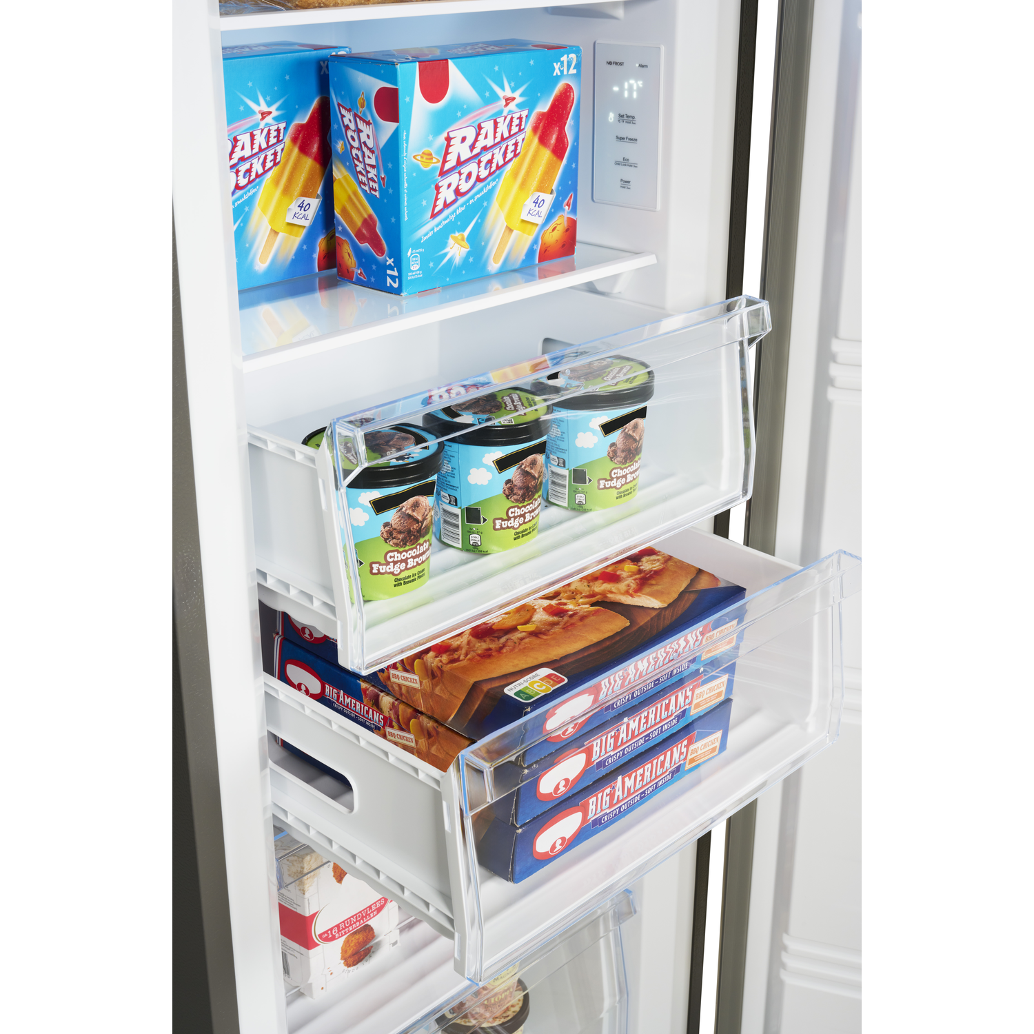 A freezer interior with ice cream, pizza, and ice pops. The freezer is organized with transparent drawers and shelves.