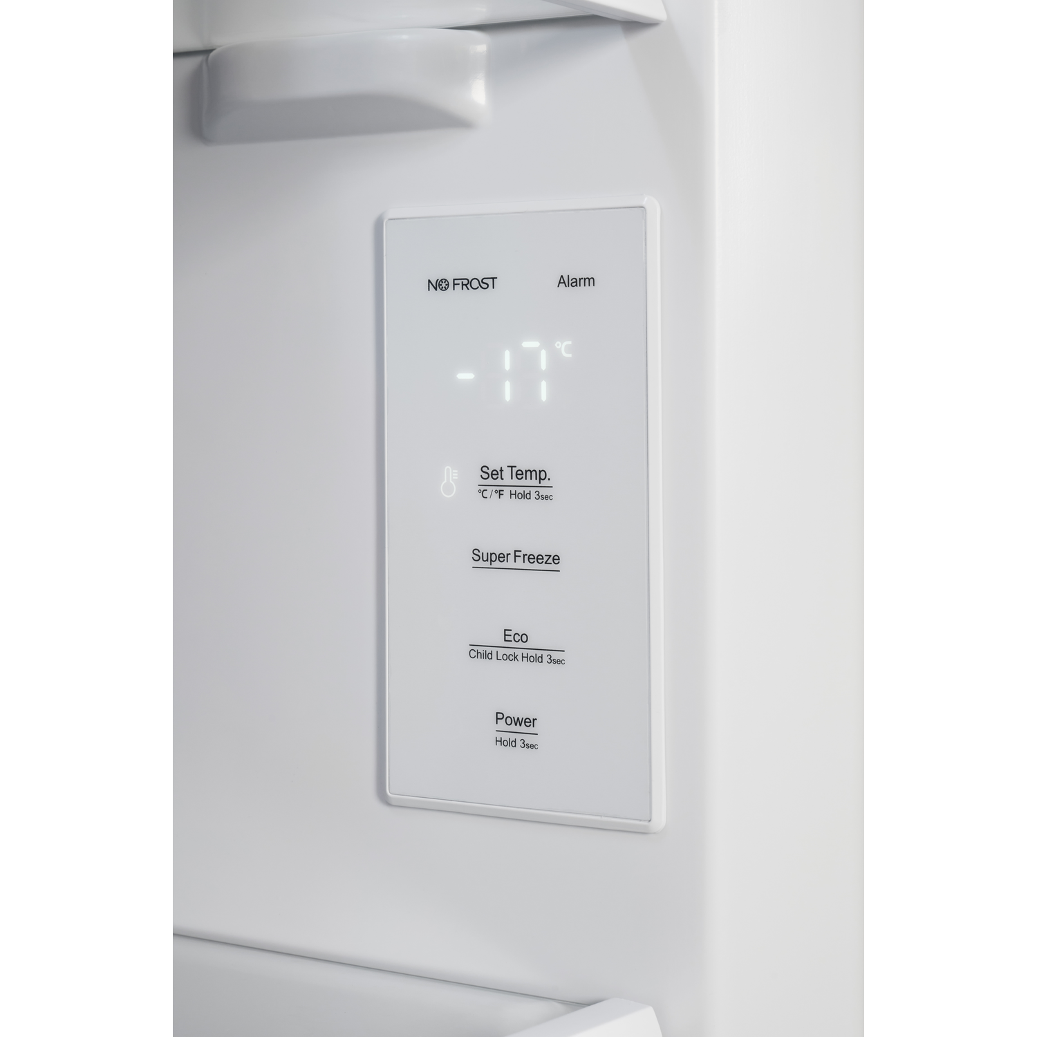 A close-up of a white refrigerator control panel displaying -17°C. Features include 'No Frost', 'Alarm', 'Set Temp', 'Super Freeze', 'Eco', and 'Power'.