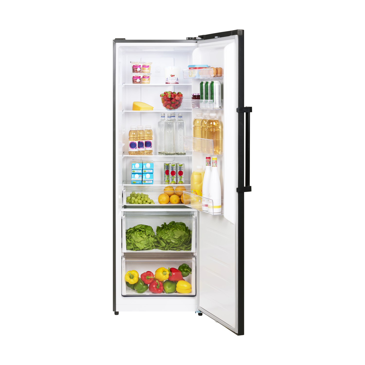 An open refrigerator filled with various foods. There are fruits, vegetables, drinks, and dairy products visible.