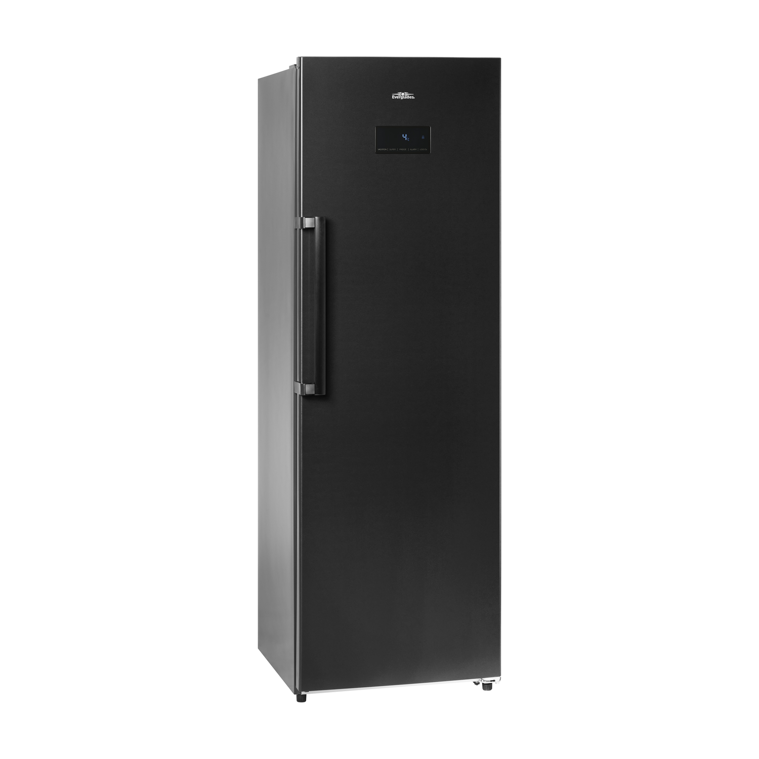 A black upright freezer with a handle on the left side. It has a digital display showing the temperature. The brand name is Everglades.