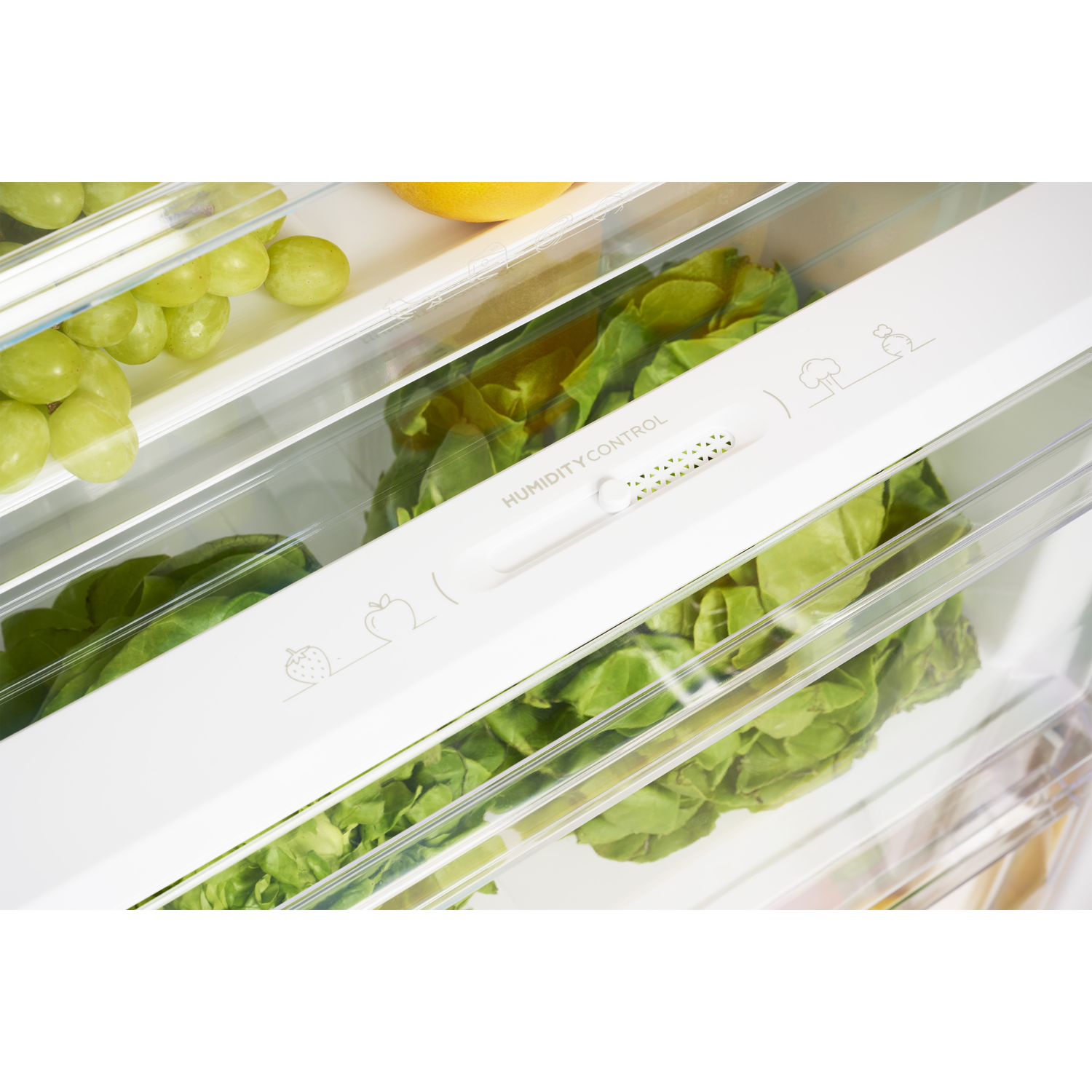 Inside a refrigerator: green lettuce, grapes, and a lemon are visible. A humidity control slider is present.